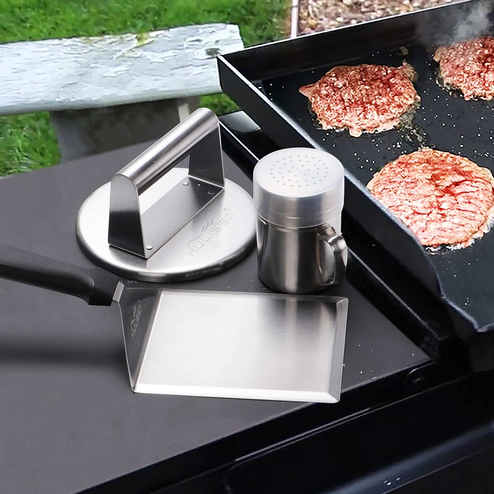 HULISEN Smashed Burger Press Kit - Stainless Steel Burger Smasher with Edge, Grill Spatula & Spice Shaker - Perfect for Griddle Cooking, BBQ, Backyard Grilling & Restaurant Use - Ideal Gift for Burger Lovers