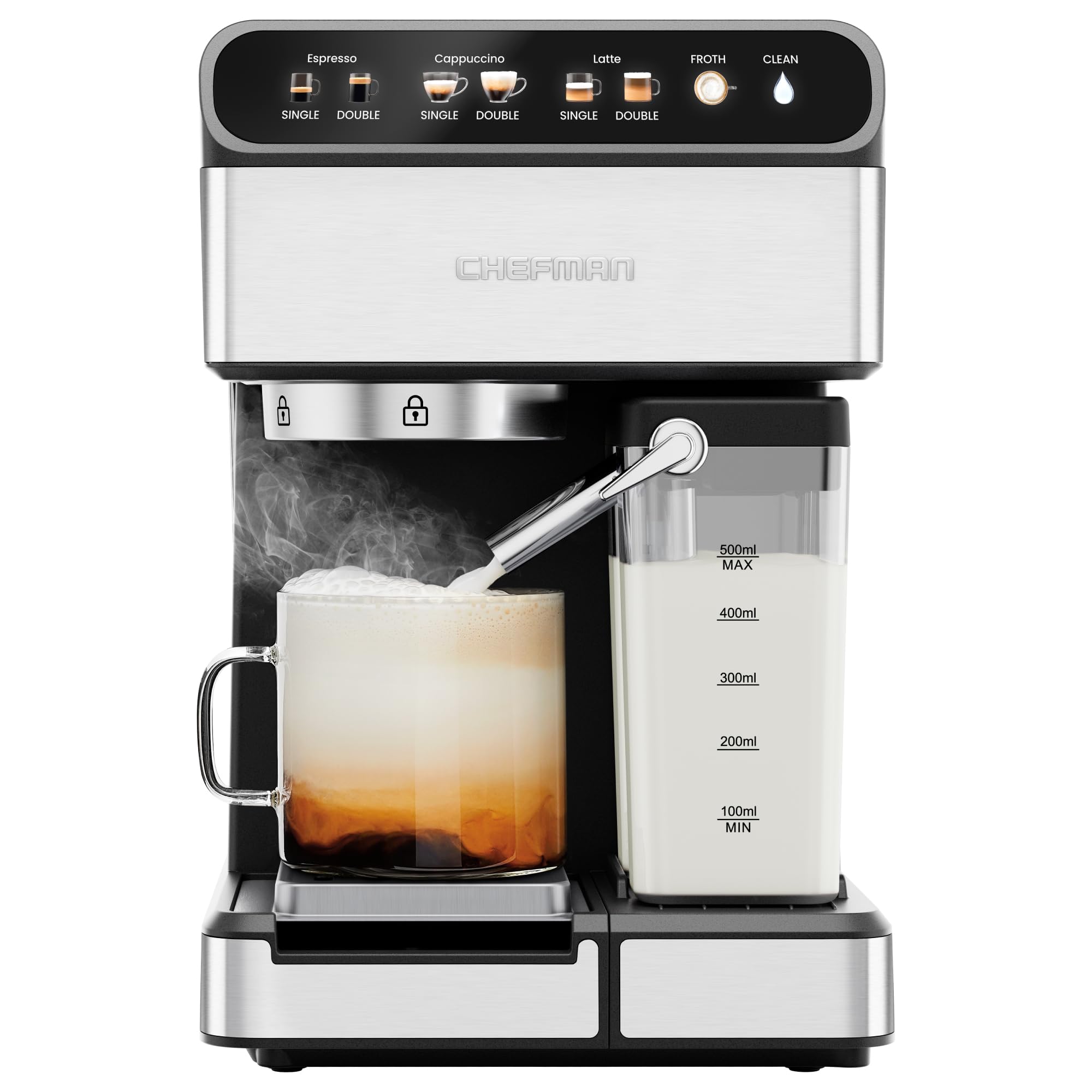 Chefman CaféMaster Pro Espresso Machine with Built-In Milk Frother - Stainless Steel Coffee Maker for Single/Double Shots, Cappuccino & Latte - XL 1.8L Removable Water Tank | Perfect for Home Baristas & Coffee Lovers