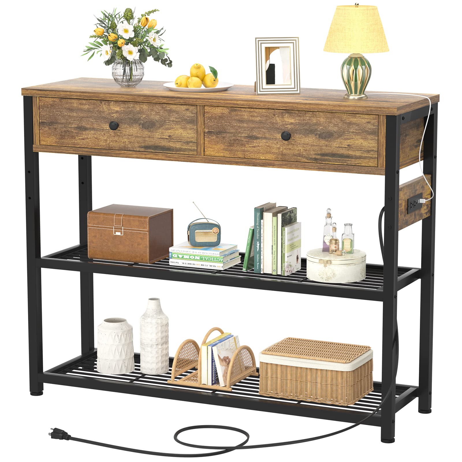 Modern Rustic Entryway Console Table with 2 Drawers & Built-in USB Charging Ports - 32