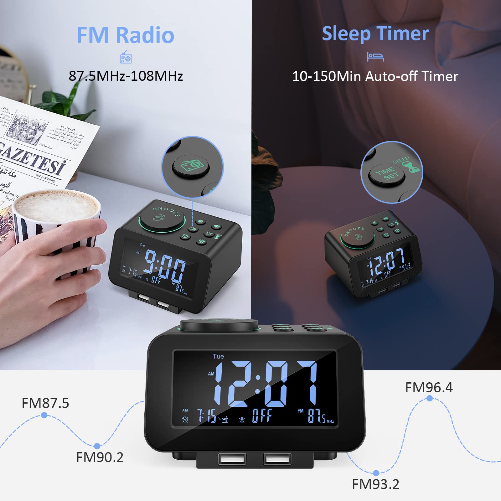 USCCE Digital Dual Alarm Clock Radio with 0-100% Dimmer, Weekday/Weekend Mode, 6 Alarm Sounds & Adjustable Volume | FM Radio with Sleep Timer, Snooze Function | 2 USB Charging Ports, Built-in Thermometer & Battery Backup | Perfect for Bedroom, Office & Travel Use