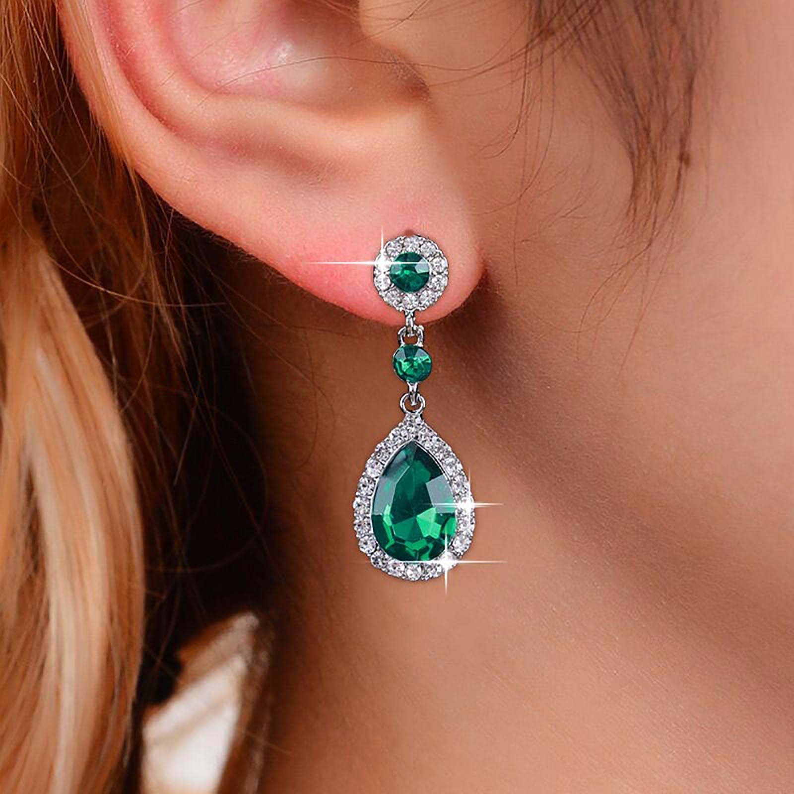 Sparkling Rhinestone Dangle Earrings for Women - Silver CZ Teardrop Drop Crystal Earrings in Emerald Green, Sapphire Blue & Ruby Red | Bridal Wedding Jewelry, Party Accessories & Evening Wear