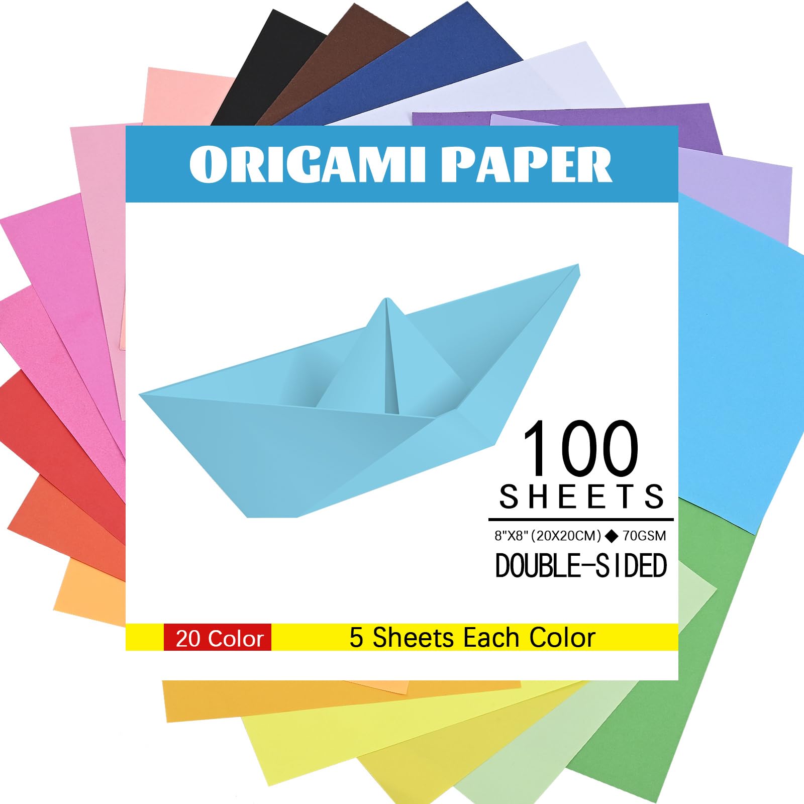 Wenmer Origami Paper 100 Sheets - 20 Vibrant Colors, 8x8 Inch Square Double-Sided 70gsm Craft Paper for Kids DIY Art Projects | Perfect for Scrapbooking, Gift Wrapping & Classroom Activities