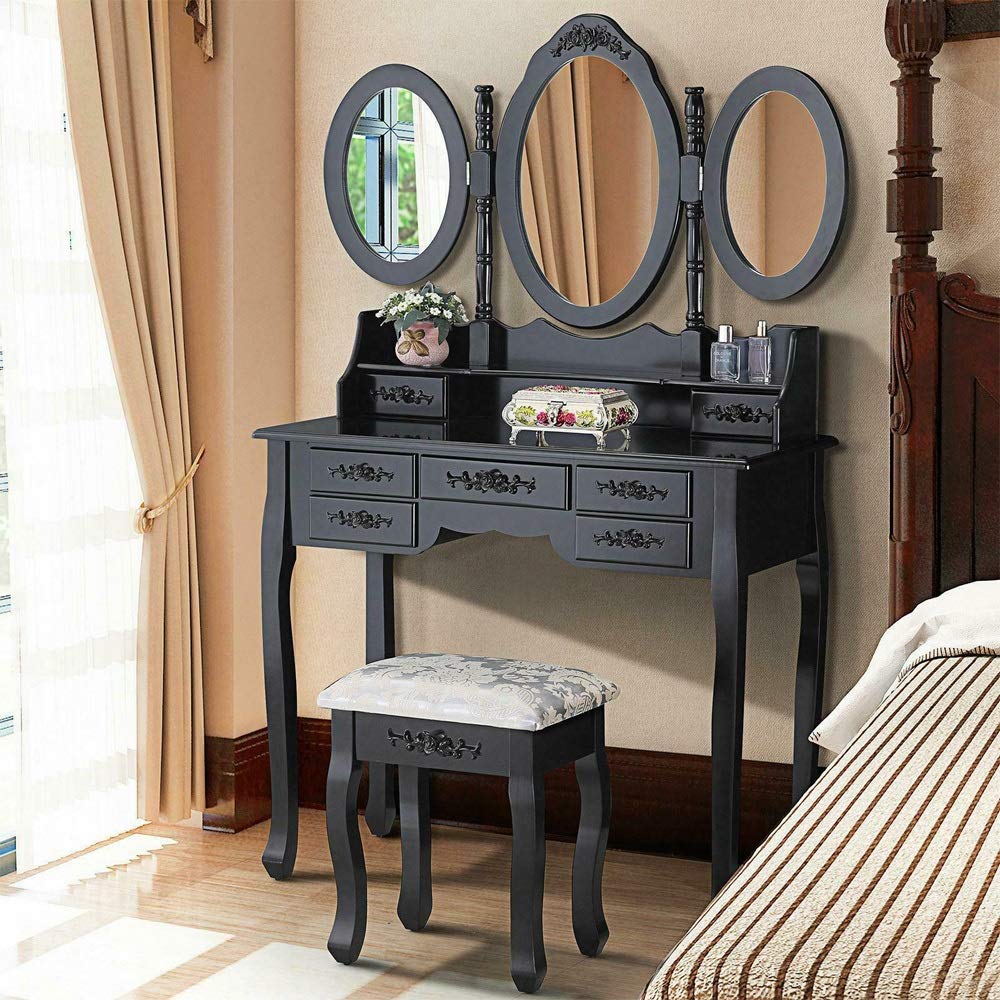 Hypeshops 7-Drawer Vanity Makeup Dressing Table Set with 3 Mirrors & Stool, Black Wooden Beauty Desk - Perfect for Bedroom, Salon & Bridal Makeup Station