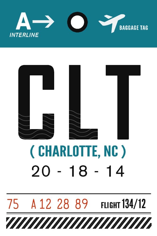 Charlotte NC CLT Airport Luggage Tag 85290 - 24x36 Signed Art Print, Wall Decor Poster for Travel Enthusiasts & Home Office Decor
