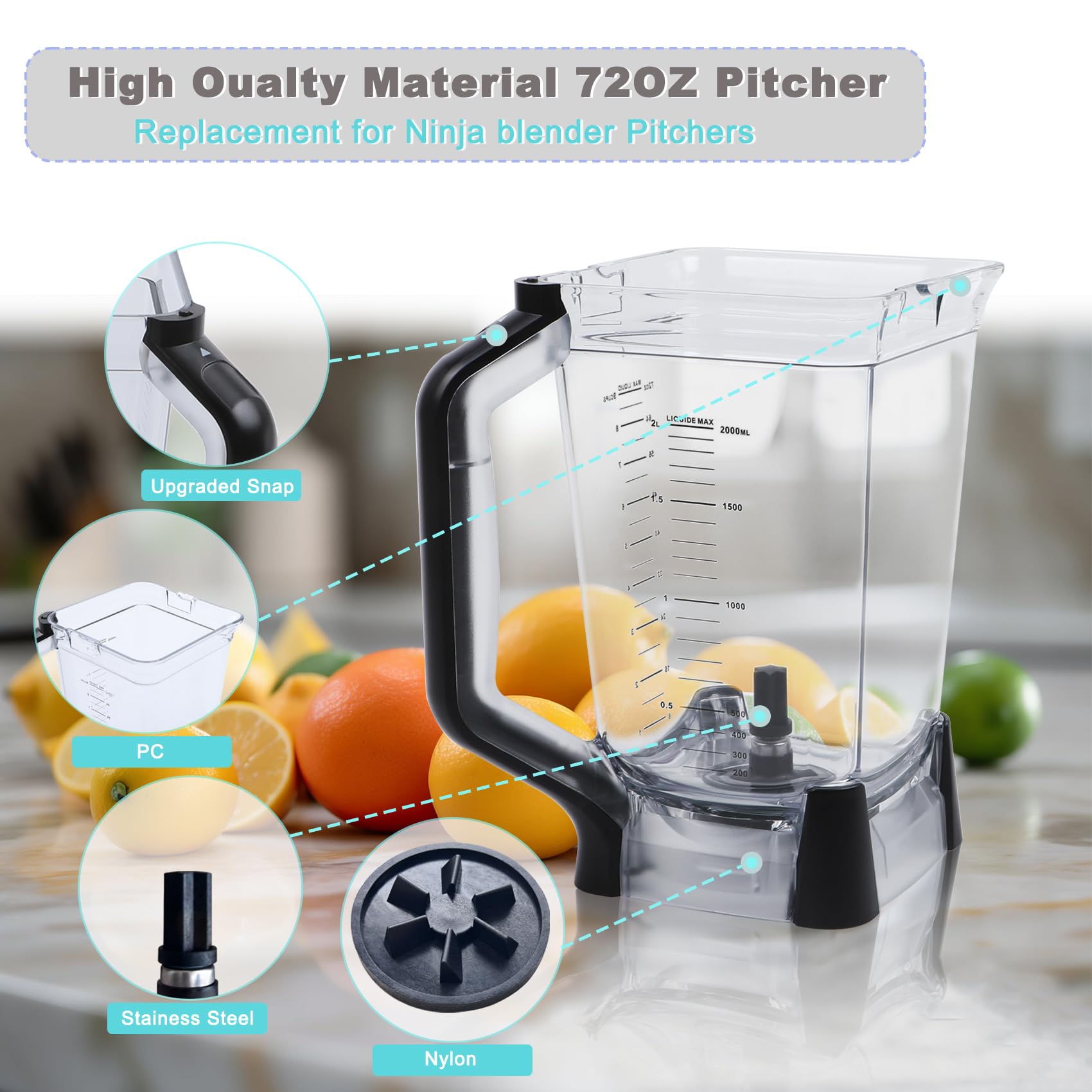 Ninja Blender Pitcher Replacement 72OZ XL Blender Cup for BL610 BL610BRN BL710WM BL710WMC CO650B CT610 C0610B CT610C CT611C - Perfect for Smoothies, Shakes & Crushing Ice