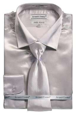 AVANTI UOMO Men's Slim Fit Satin Dress Shirt with Tie - DNS06 Gray - Formal Business Attire & Evening Occasions
