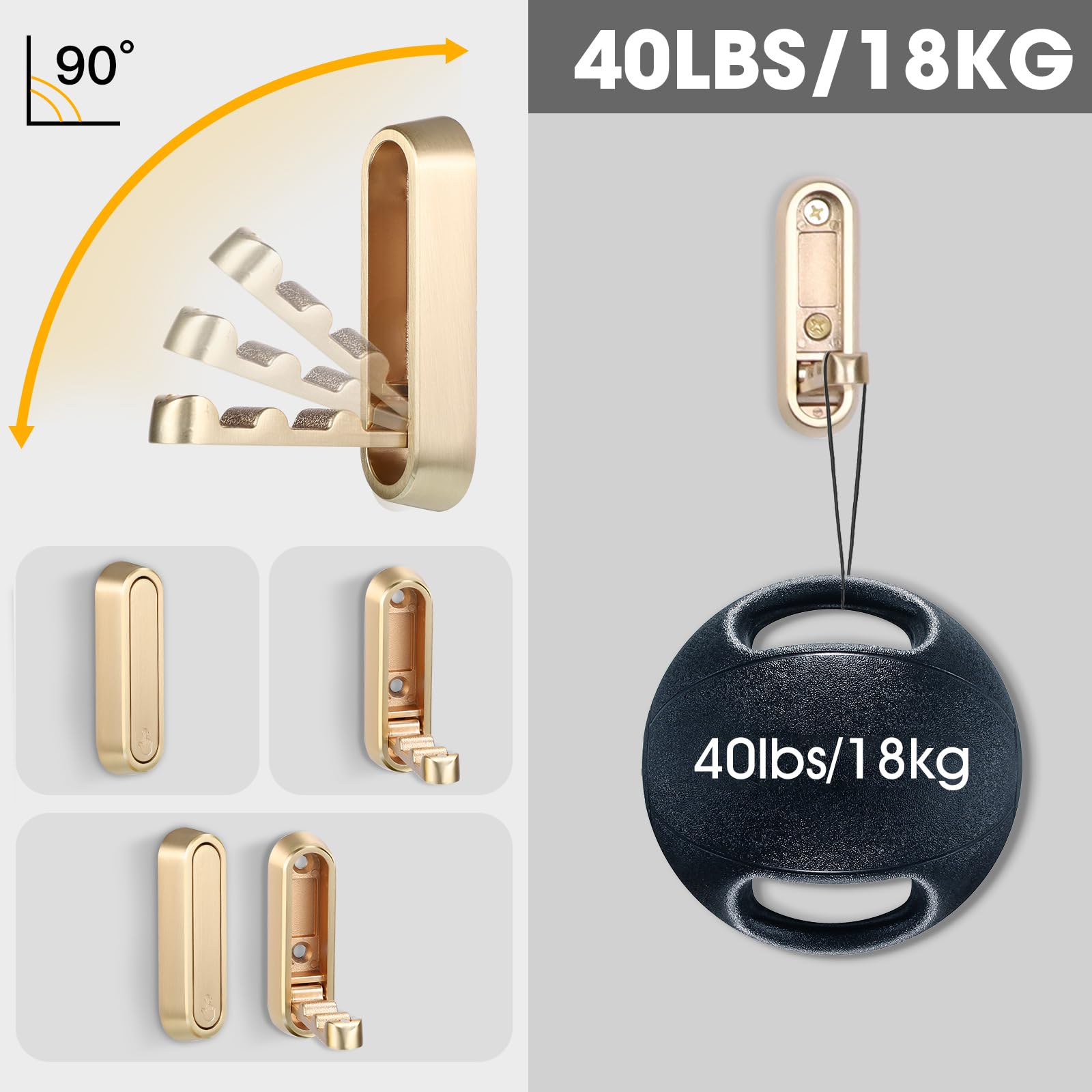 2 Pack Gold Foldable Wall Hooks - Heavy Duty Folding Coat Hooks for Bathroom, Towel, Robe, Clothes, Hat & Bag Storage - Space Saving Wall Mounted Hangers (Perfect for Small Spaces, Apartments & Dorm Rooms)
