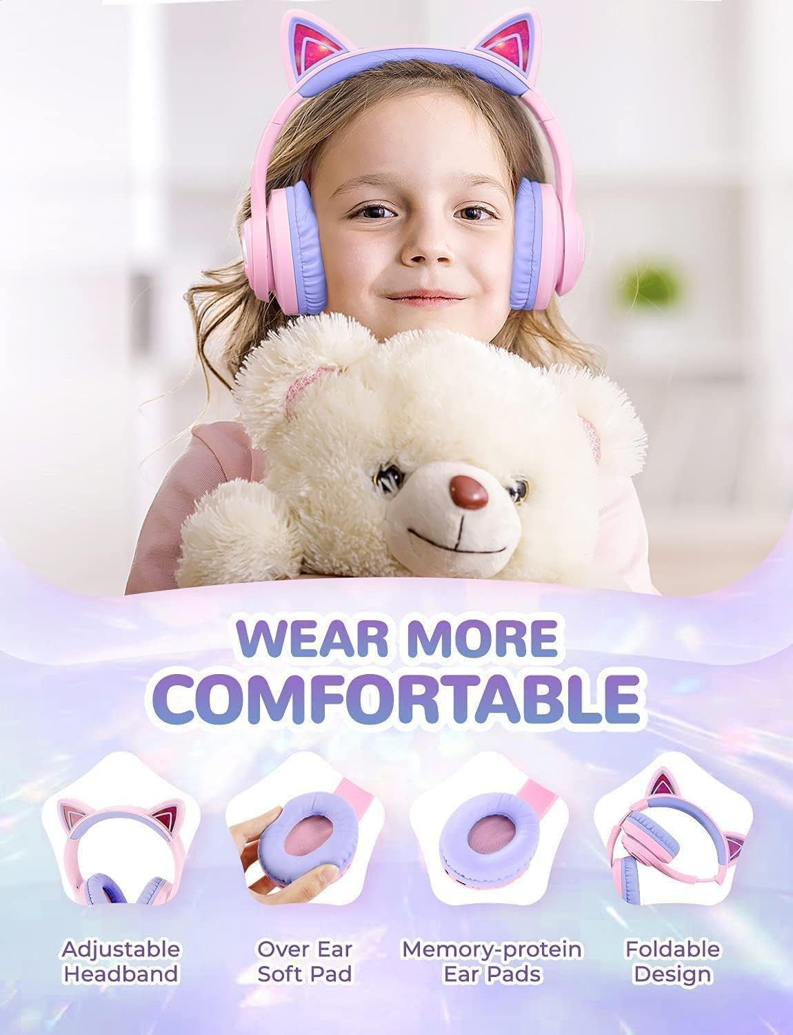 iClever Cat Ear Kids Bluetooth Headphones with LED Lights - 50H Playtime, Bluetooth 5.2, USB-C, 74/85dBA Safe Volume Limited - Wireless Over-Ear Headphones for Girls & Boys (Meow Macaron-Bright Purple) - Perfect for School, Travel & Gaming