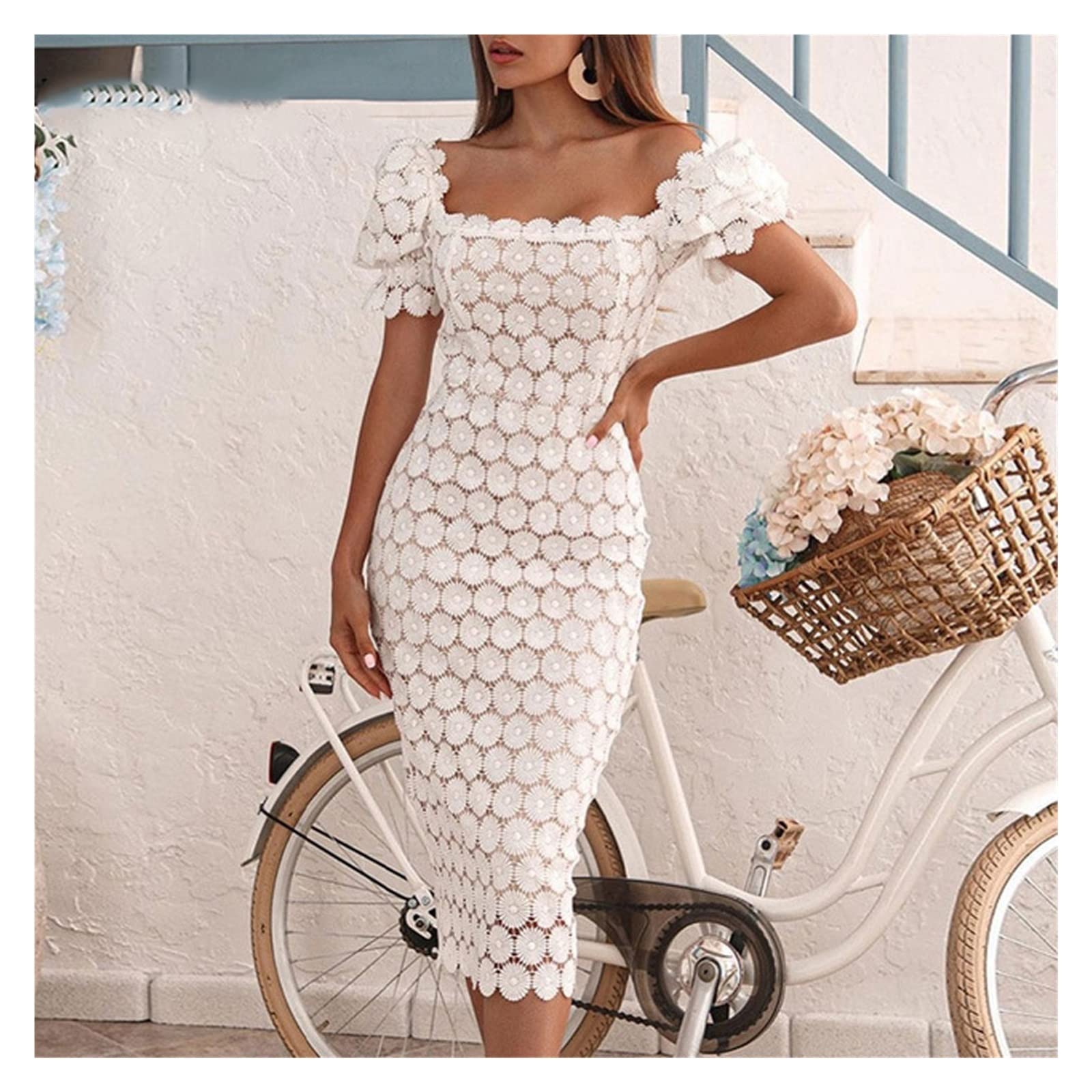 Elegant White A-Line Party Dress with Solid Square Collar, Lantern Sleeves & 3D Floral Pattern - Formal Occasions, Weddings, Cocktail Parties (Color: A, Size: XL)