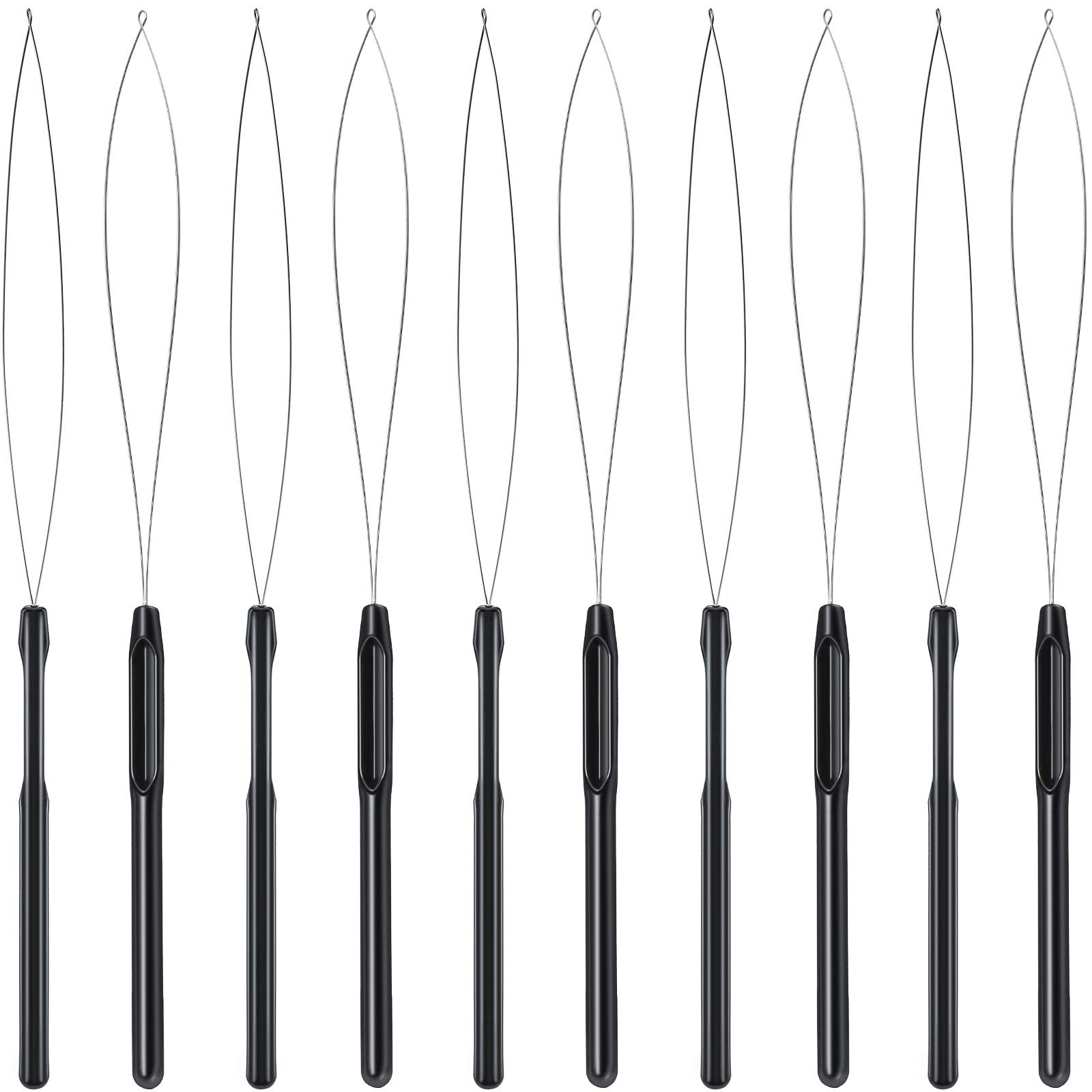 10 Pieces Hair Extension Loop Needle Threader Pulling Hook Tool with Beads - Black Hair & Feather Extension Threading Kit for Professional Stylists & DIY Beauty - Perfect for Salon, Home Use & Hair Accessories Making