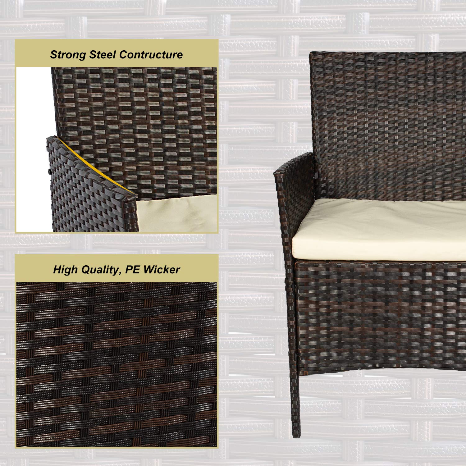 3-Piece Outdoor Patio Furniture Set - PE Wicker Rattan Chairs & Table with Cushions (Brown & Beige) - Perfect for Garden, Backyard, Poolside & Balcony Relaxation