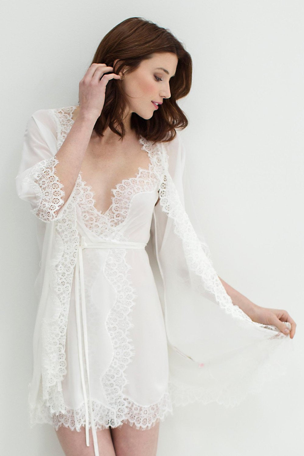 Ivory Lace Silk Chiffon Kimono Robe - Elegant Lingerie Cover Up for Bridal, Boudoir & Special Occasions