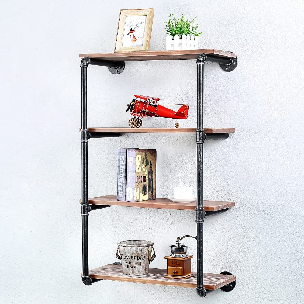 Industrial Pipe Floating Shelves with Wood Shelf - 4 Tier 24 Inch Wall Mounted Metal Shelving for Books & Decor | Perfect for Living Room, Bedroom & Office Storage
