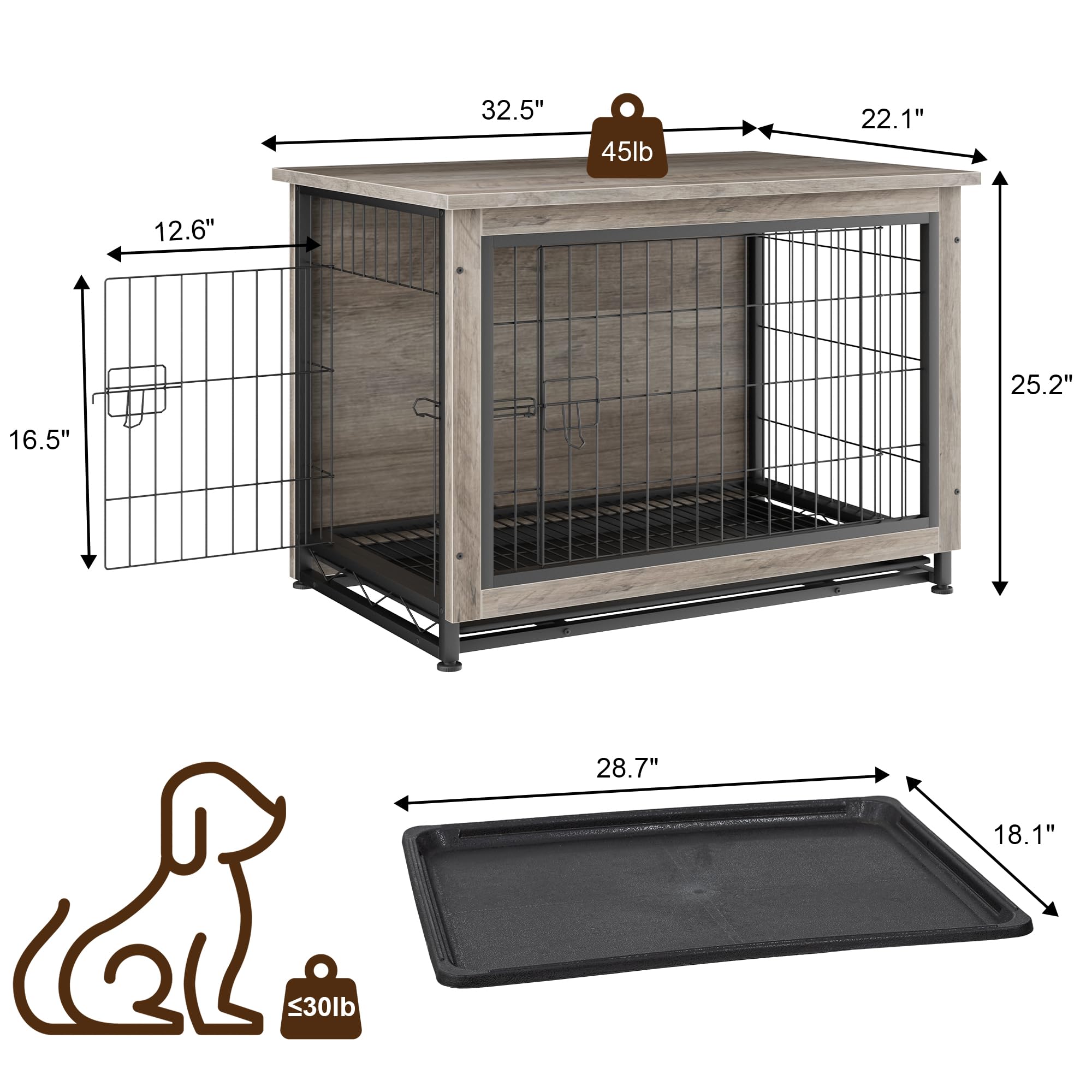 Stylish Wooden Dog Crate Furniture with Double Doors - Indoor Pet Kennel, House & Cage for Medium Dogs (Grey) | Perfect for Living Rooms, Bedrooms & Home Decor