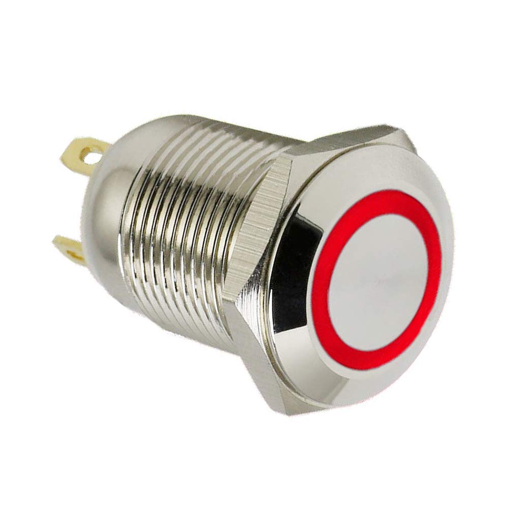 ESUPPORT 12mm Red LED Light 2A Momentary Push Button Switch - Stainless Steel Waterproof for Car, Boat, Marine & Industrial Use - Perfect for Dashboard Controls & Electrical Panels