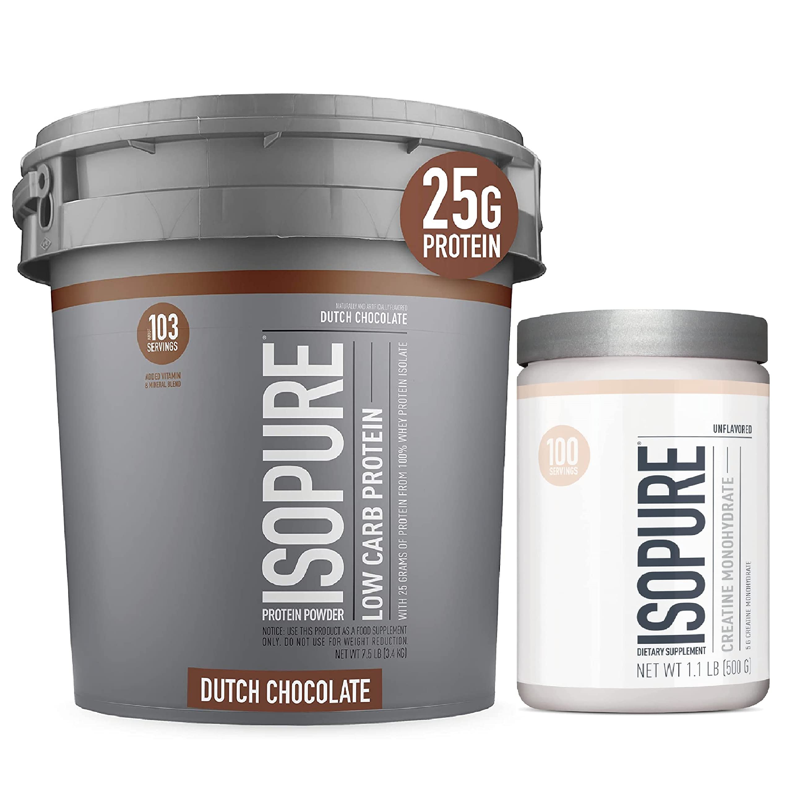 Isopure Low Carb Whey Protein Isolate Powder with Creatine - 500g Unflavored & Dutch Chocolate Options, Keto-Friendly, 100% Pure Protein (7.5 lbs) - Perfect for Post-Workout Recovery & Muscle Building