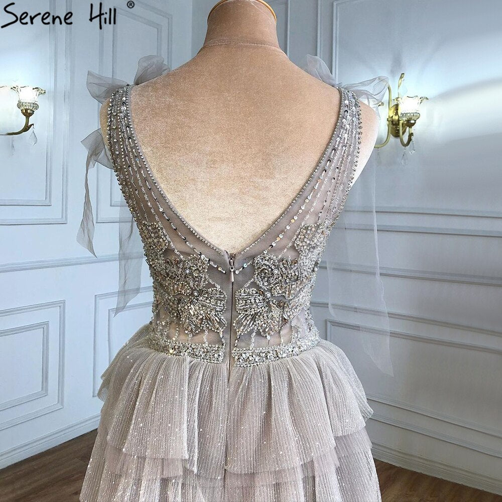 Serene Hill Grey Nude A-Line Evening Dress 2025 - Luxury Beaded Tiered Sexy Women's Gown for Wedding, Party & Special Occasions | LA71228