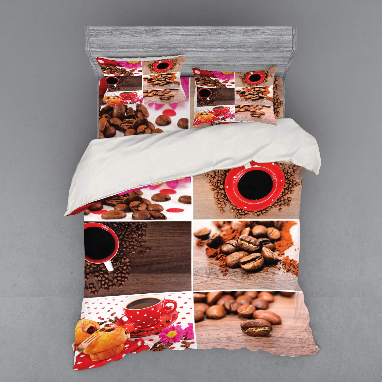 Ambesonne Coffee Lover Duvet Cover Set - 4 Piece Queen Size Bedding with Shams & Fitted Sheet - Brown Red Coffee Mug Polka Dot Floral Design - Perfect for Coffee Shops, Bedrooms & Gift Ideas