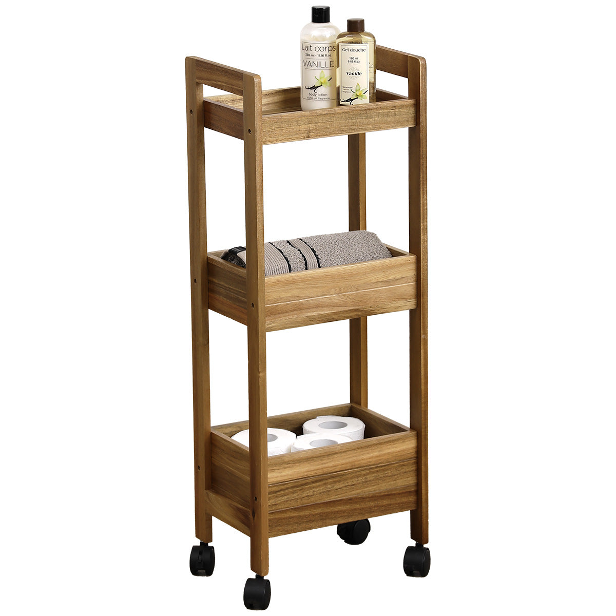 Acacia Wood & MDF Rolling Cart with 3 Shelves - Mobile Storage Solution for Kitchen, Bathroom, or Office Organization