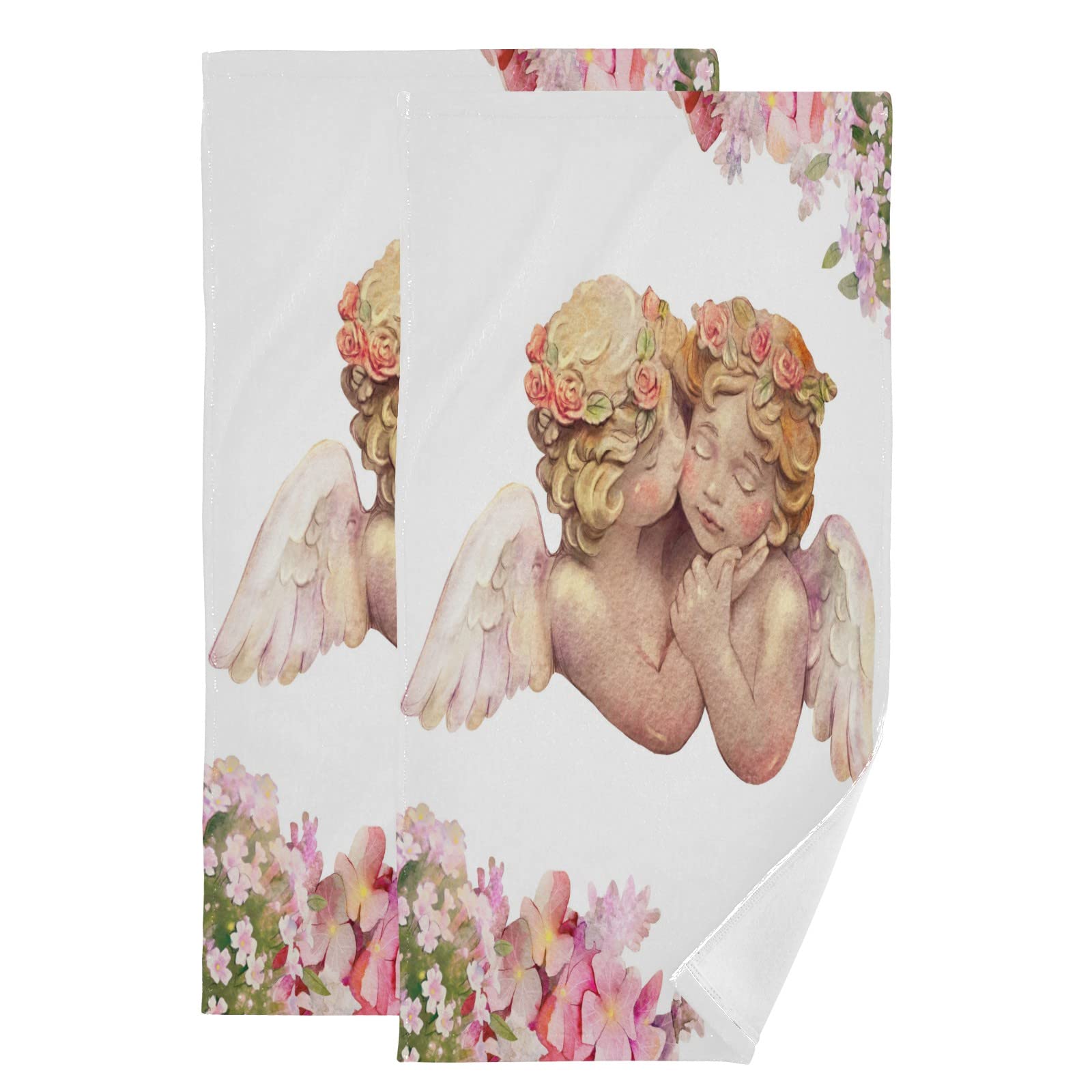 UMIRIKO 2-Piece Angel Couple Pink Floral Bath Towel Set - Ultra Soft & Highly Absorbent Hand Towels for Bathroom, Kitchen, Gym - Perfect for Romantic Gifts, Spa Days & Home Decor (20211351)