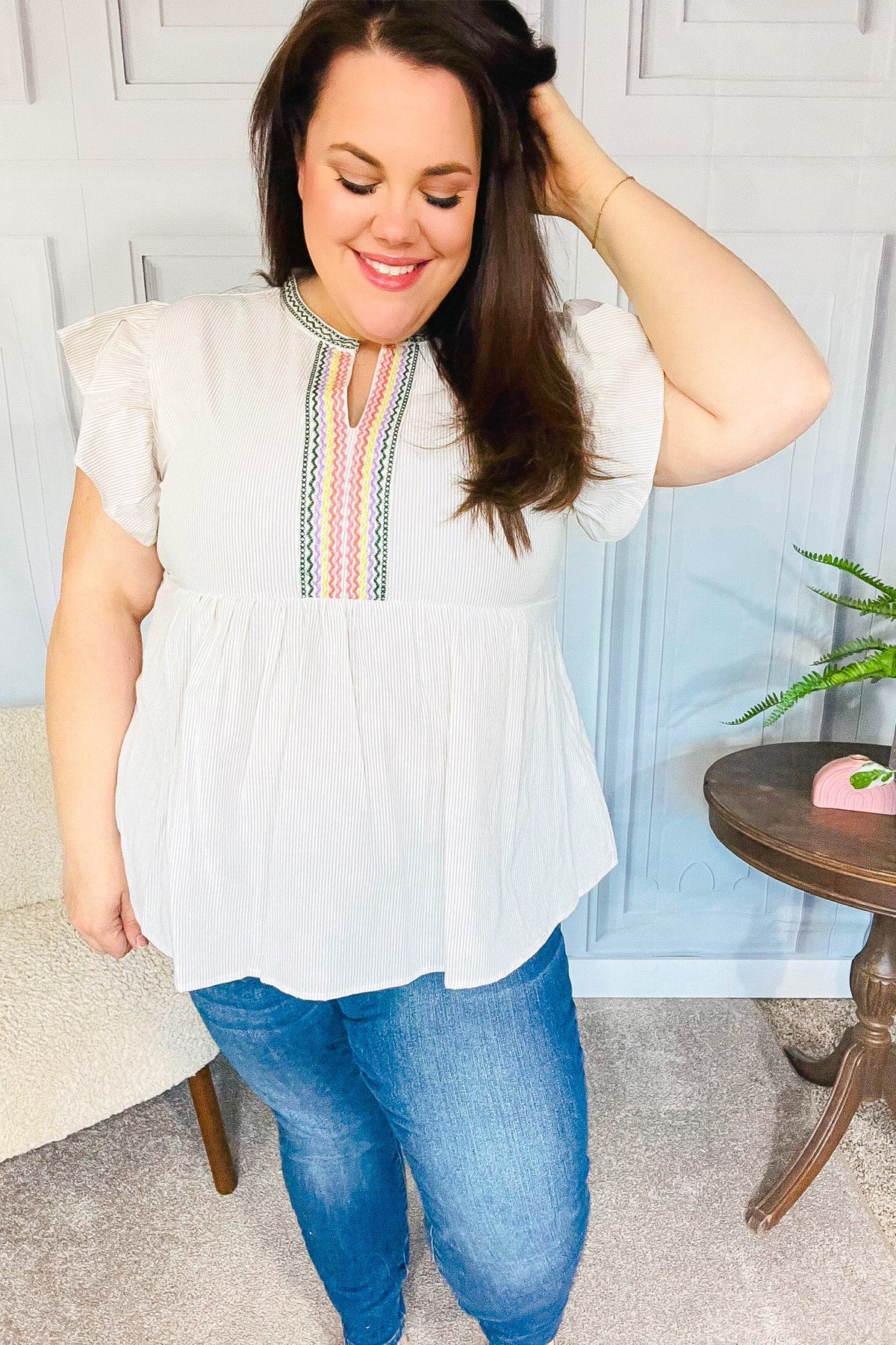 Haptics Weekend Ready Taupe Embroidered Notched Neck Babydoll Top - Women's Casual Boho Blouse for Brunch, Date Night & Summer Outings
