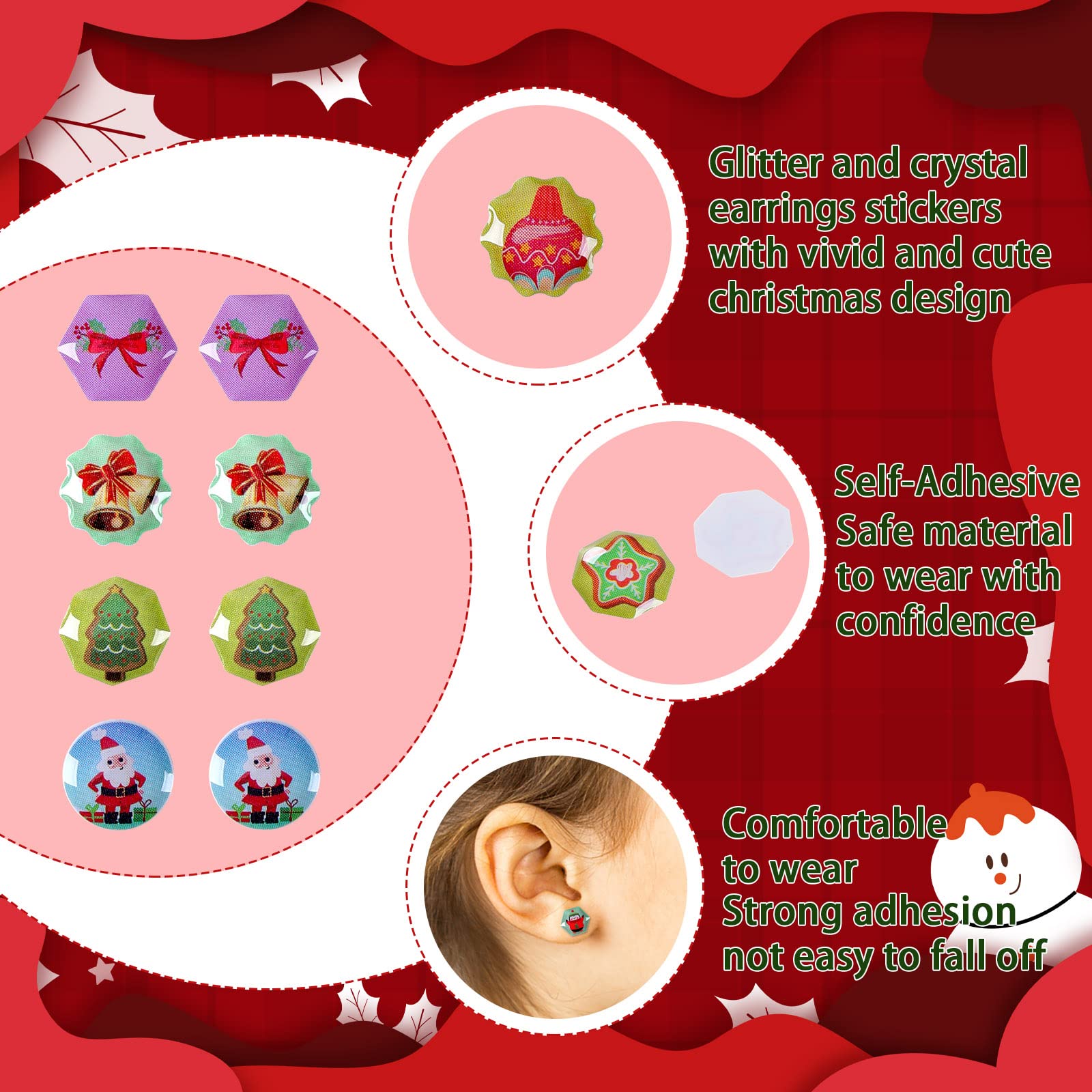 240Pcs AUGSUN Christmas Stickers Earrings for Girls - 3D Glitter Gems Self-Adhesive Sticky Earrings | Holiday Party, Gift Exchange & Festive Accessories