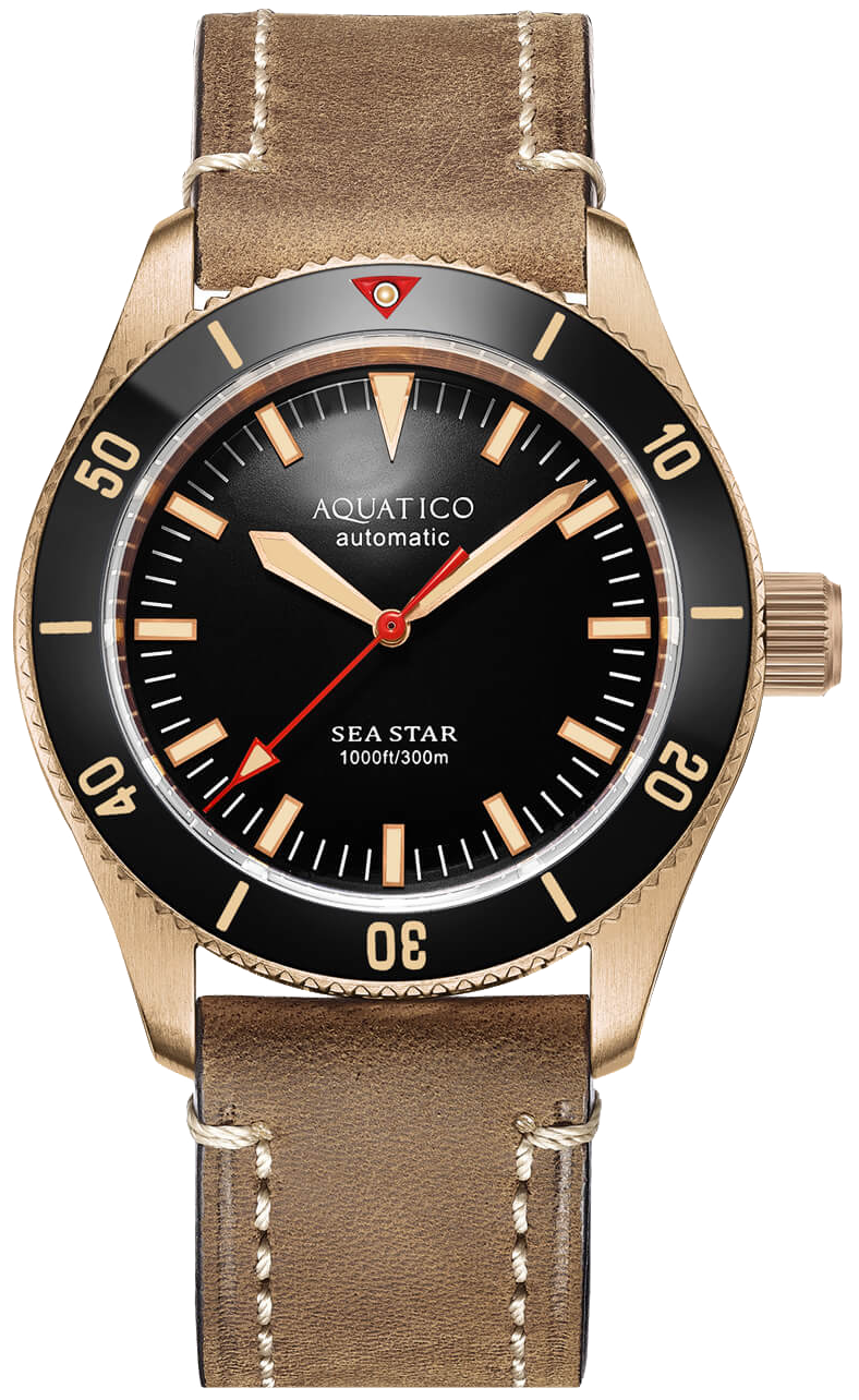 Aquatico Bronze Sea Star Black Ceramic Bezel No Date Diver Watch - Perfect for Scuba Diving, Snorkeling & Water Sports