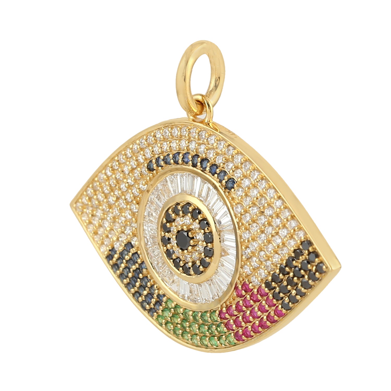 14K Yellow Gold Baguette Diamond & Multi Sapphire Evil Eye Charm Pendant - Protection Jewelry for Women, Gift for Birthday, Anniversary, Travel & Everyday Wear