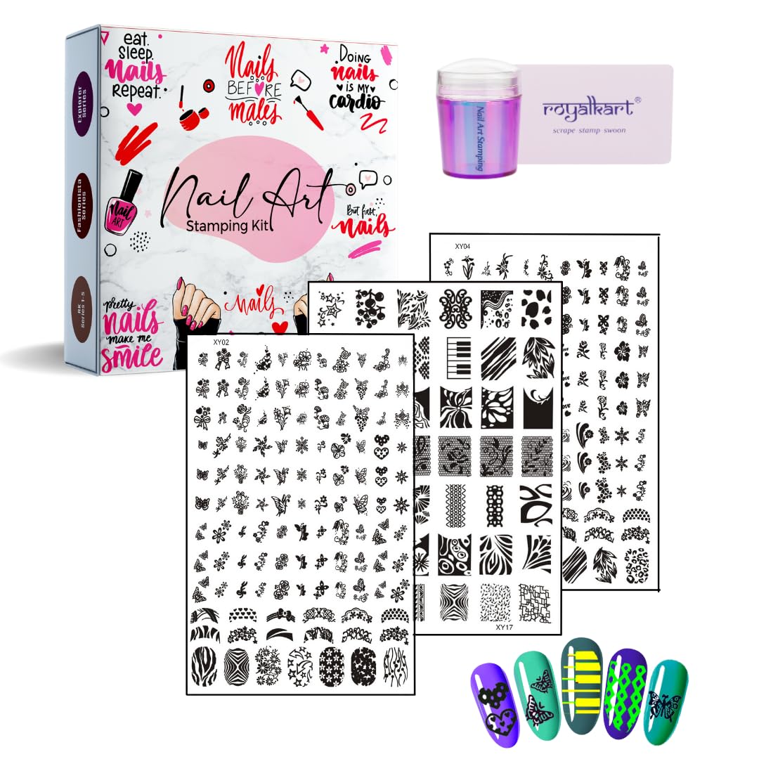 RoyalKart Professional Nail Art Kit for Women & Girls - 3 Nail Stamping Plates with Stamper & Scraper (XY04, XY17, XY02) | DIY Salon-Quality Nail Designs at Home, Parties & Special Occasions