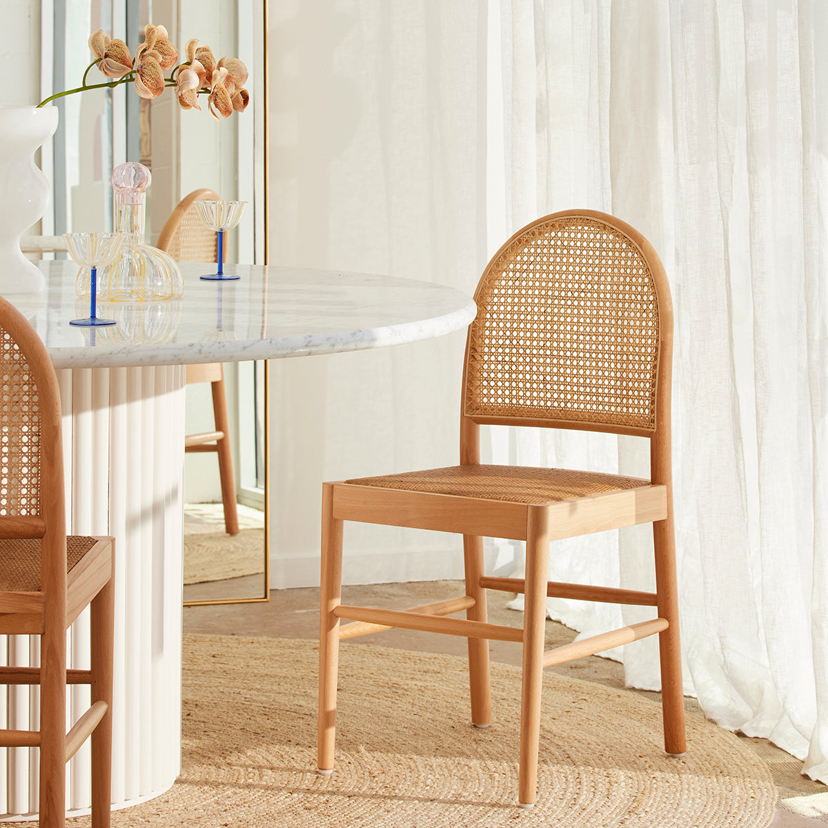 Capri Rattan Arch Dining Chair - Natural Wicker Dining Chair with Cushion, Indoor/Outdoor Use - Perfect for Patio, Garden, Dining Room & Kitchen Decor