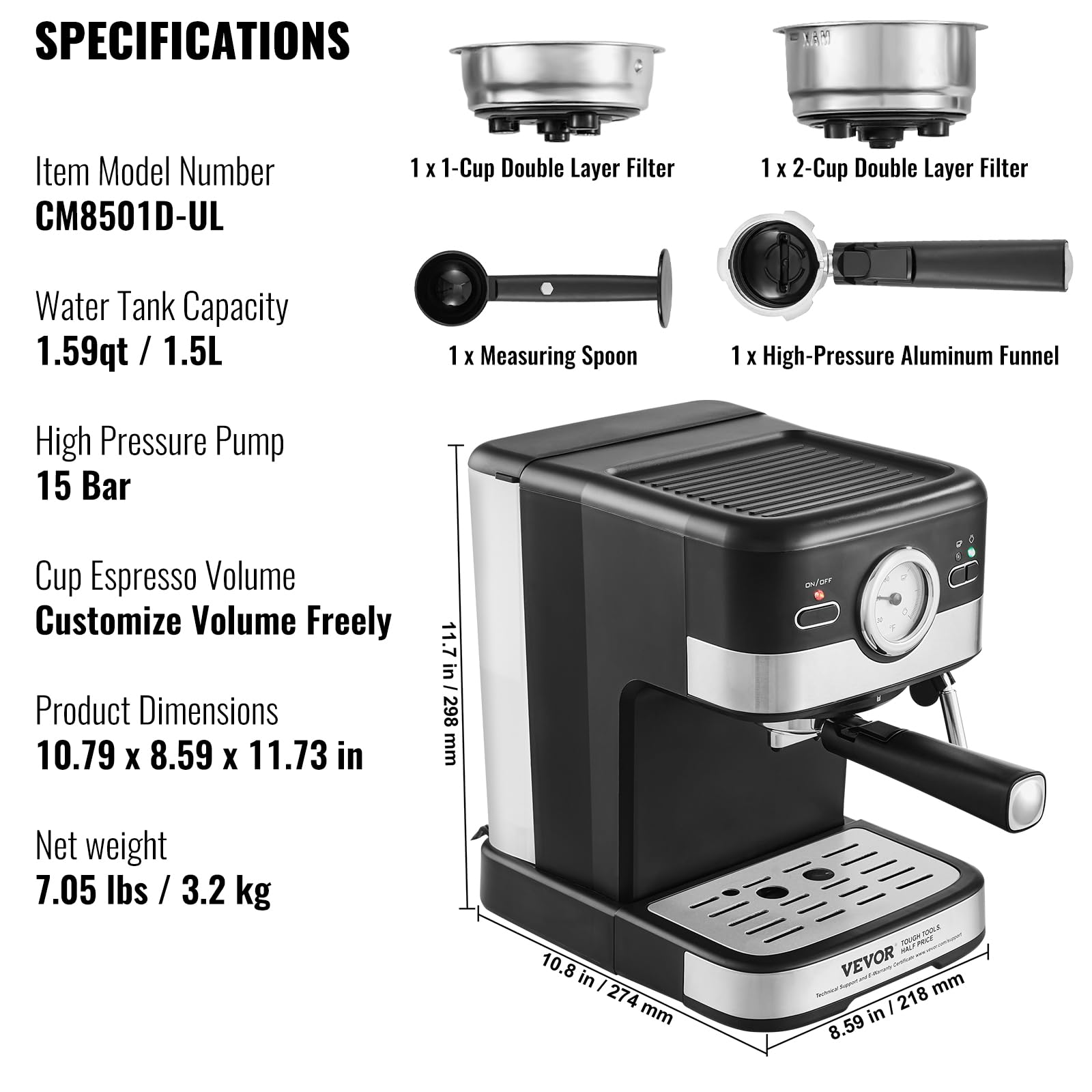 VEVOR 15 Bar Semi-Automatic Espresso Machine with Milk Frother - Professional Coffee Maker for Latte & Cappuccino | Removable Water Tank, Temp Gauge & NTC Control System | Perfect for Home, Office & Cafe Use