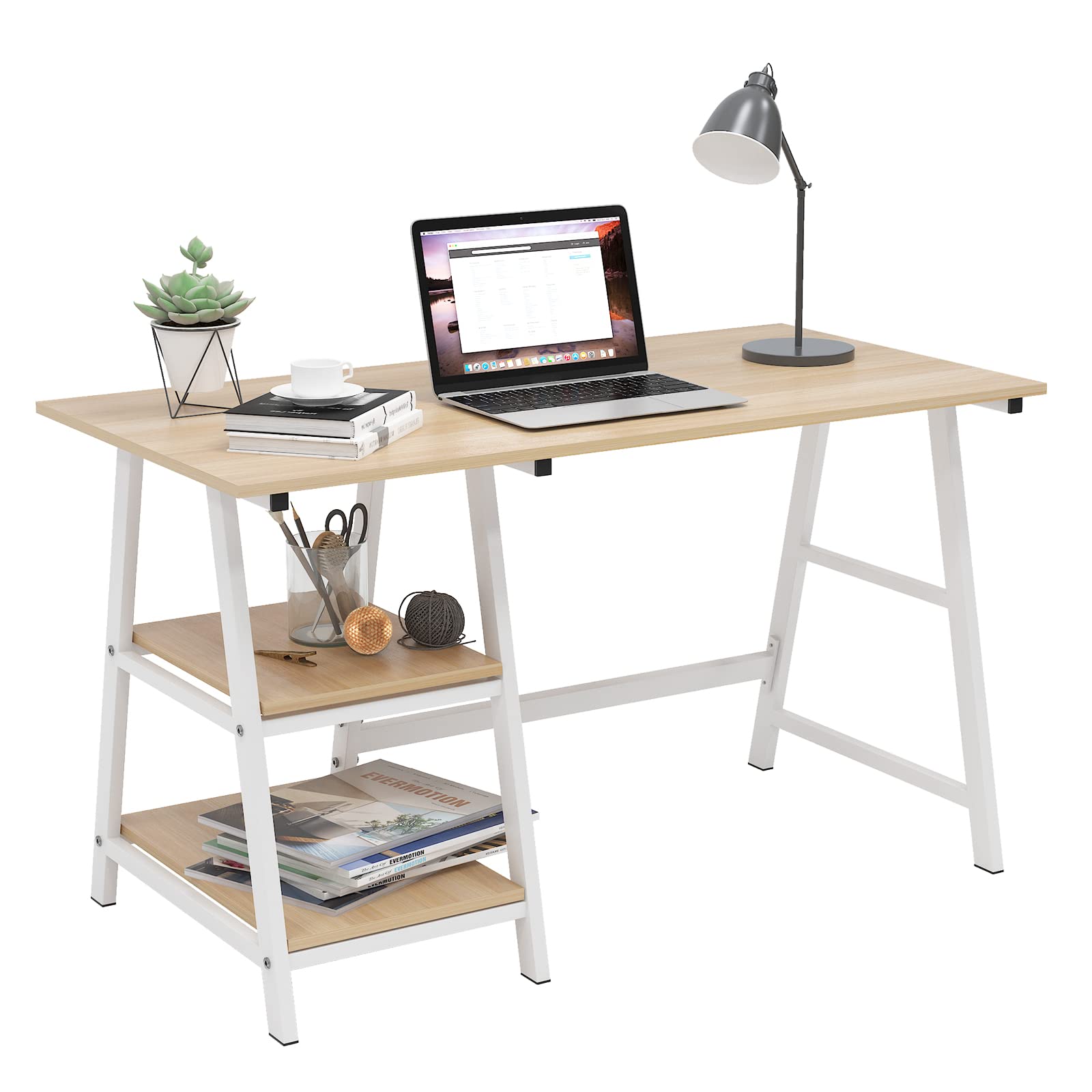 SogesHome 47-inch Maple Trestle Computer Desk with Shelf - Sturdy Office Desk & Workstation for Home Office, Gaming, Writing & Study | Space-Saving Design for Small Rooms