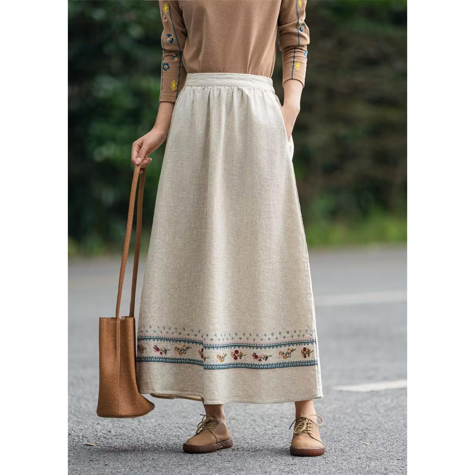 Women's High Waisted A-Line Midi Skirt - Embroidered Linen Retro Skirt for Summer | Casual, Office & Boho Chic Outfits