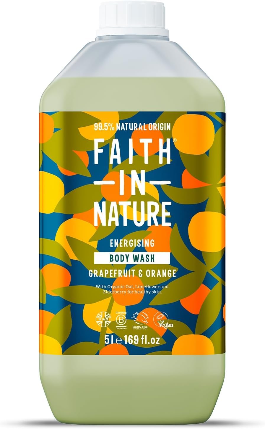 Faith In Nature Natural Grapefruit & Orange Body Wash - Energizing Shower Gel for Women & Men, Vegan & Cruelty Free, SLS & Paraben Free, 5L Refill Pack - Perfect for Gym, Spa & Daily Shower Routine