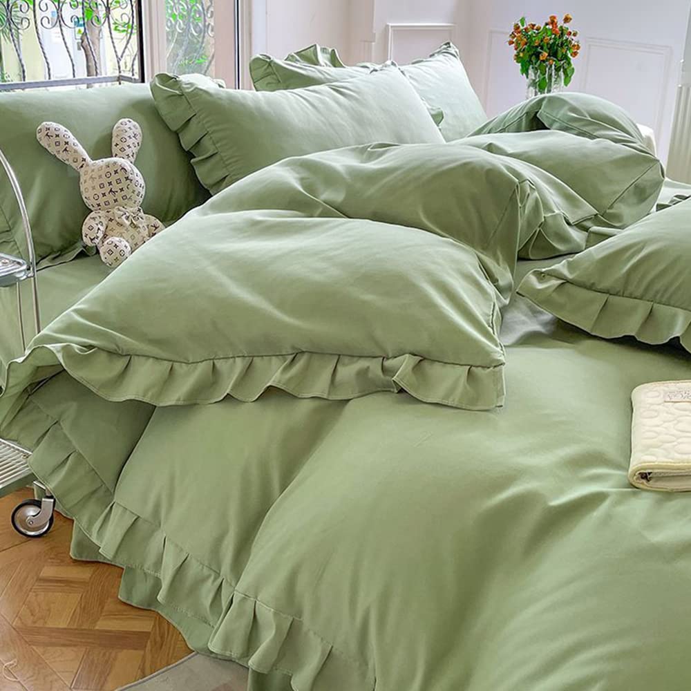 CLOTHKNOW Green Full Comforter Set 3Pcs - Soft Boho Ruffled Bedding with 2 Pillowcases - Farmhouse Shabby Chic Style for Cozy Bedroom Decor | Perfect for Guest Rooms, Master Bedrooms & Boho-Themed Spaces