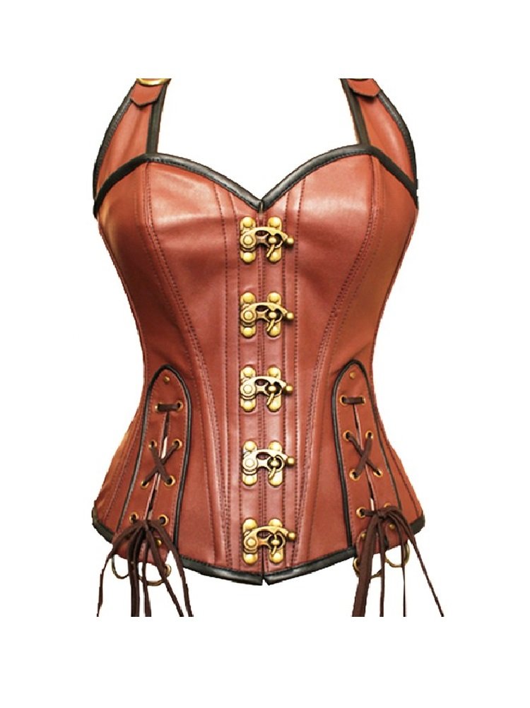 Brown Leather Lace Gothic Steampunk Costume Plus Size Overbust Corset - Vintage Waist Trainer for Women, Renaissance Faire Outfit & Cosplay Accessory