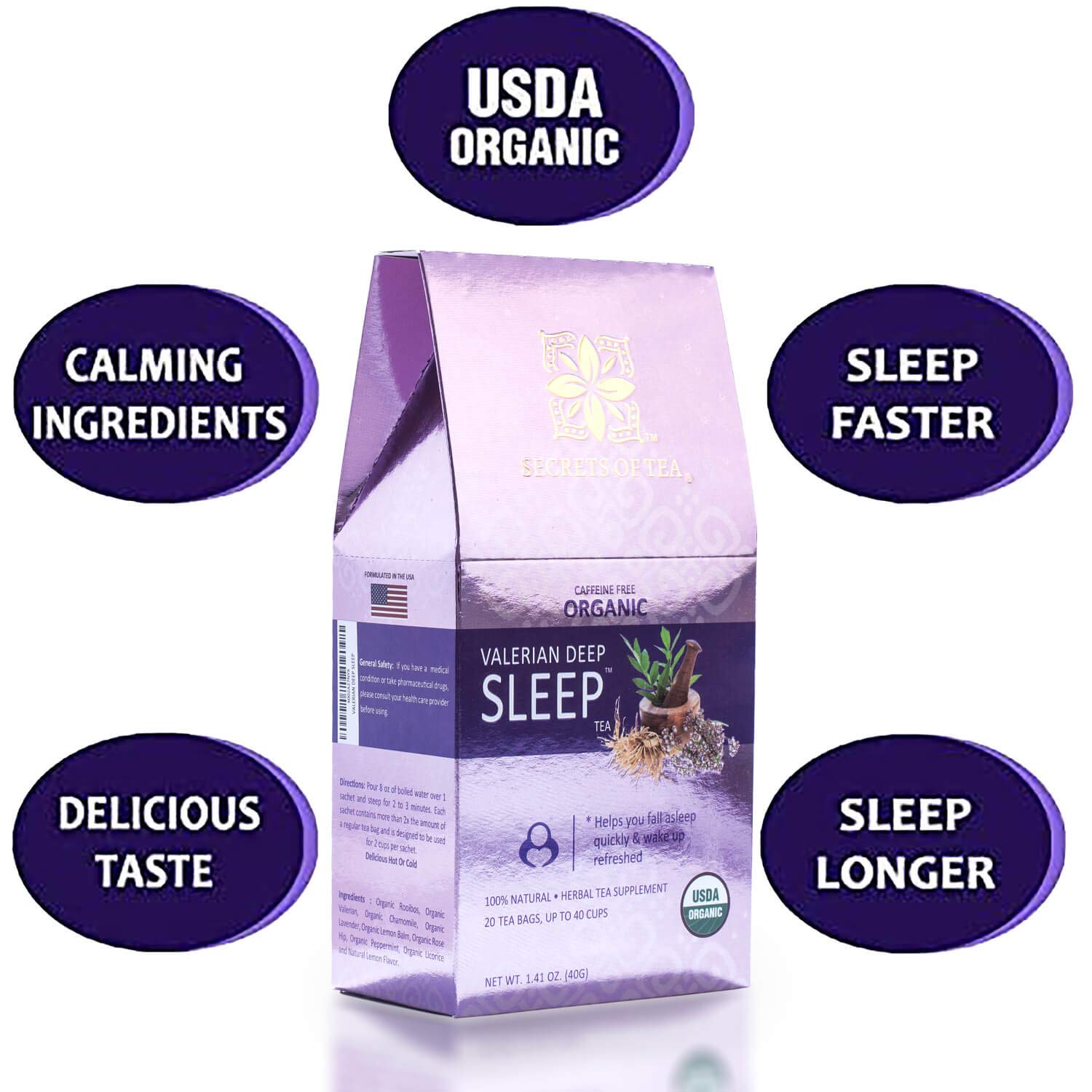 Organic Valerian Sleep Tea - USDA Certified, Caffeine-Free Herbal Tea for Relaxation & Better Sleep with Lavender, Chamomile & Lemon Balm - 20 Tea Bags (1 Pack) - Perfect for Nighttime, Stress Relief & Calming Bedtime Rituals