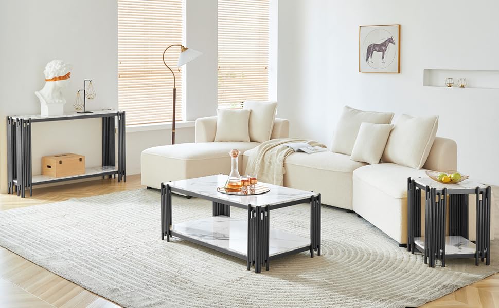 Elegant White Faux Marble Coffee Table Set with Black Metal Frame - 2 Piece Living Room Furniture (1 Rectangle Coffee Table & 1 Console Table) for Modern Home Decor, Living Room, Lounge & Office Spaces