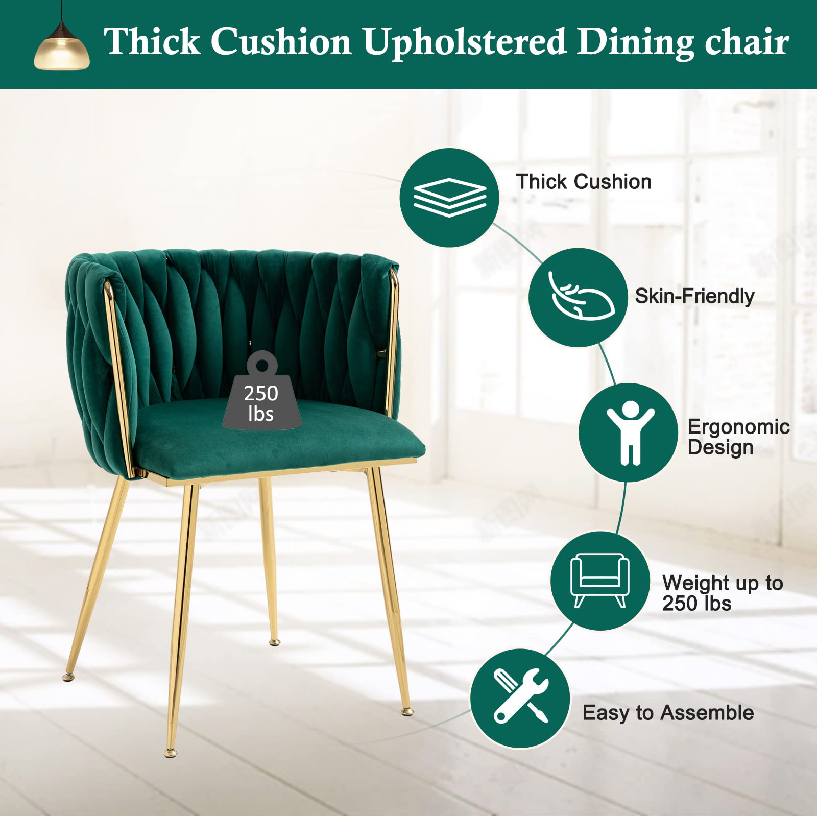Modern Velvet Dining Chairs Set of 2 - Handwoven Upholstered Accent Chairs with Golden Metal Legs for Living Room, Dining Room & Kitchen Vanity | Emerald Green Luxury Seating for Home Decor & Entertaining