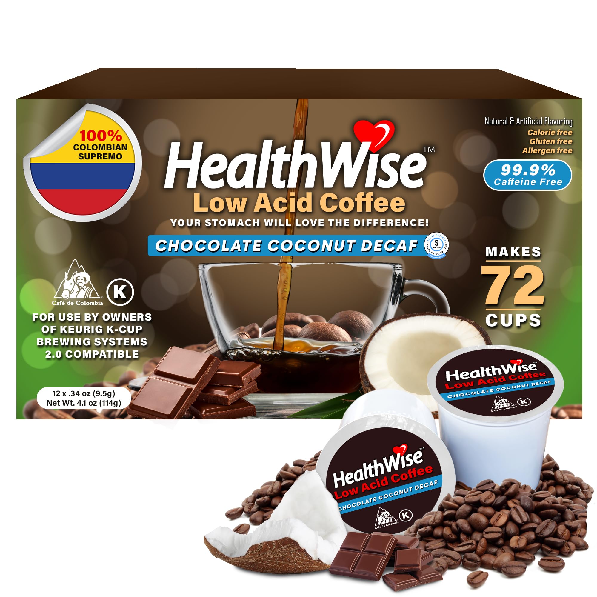 Healthwise Chocolate Coconut Swiss Water Decaf Coffee K-Cups - 72 Count (Pack of 6) | Low Acid Coffee for Acid Reflux, Heartburn & Sensitive Stomachs | Perfect for Morning Brews & Digestive Comfort
