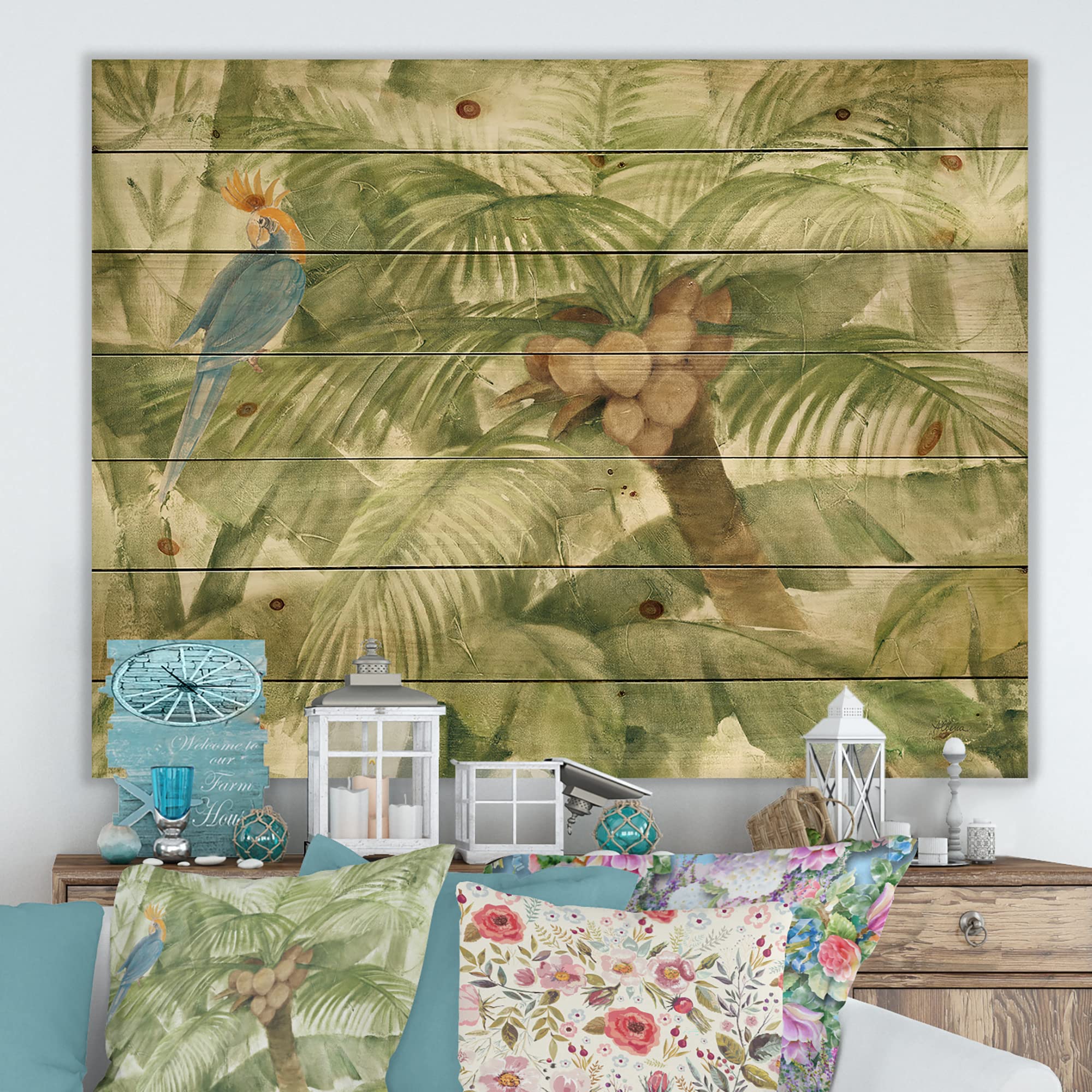 Green Farmhouse Tropical Canopy Wood Wall Decor - Large Floral Pine Wood Wall Art Panel - Perfect for Living Room, Bedroom & Boho Home Decor