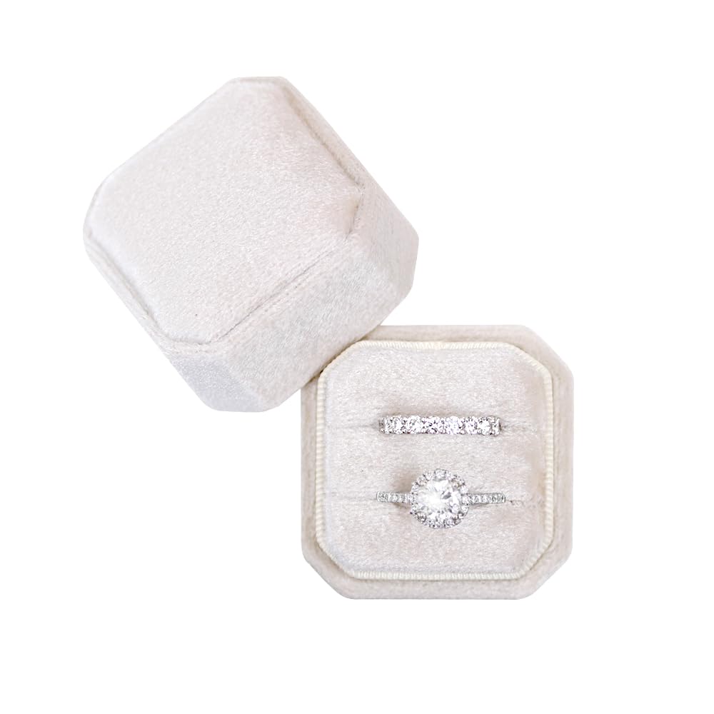 BLUTETE Square Octagon Ring Box 2 Slots - Wedding Engagement Ring Set Keepsake Jewelry Box - Bridal Photo Gift Box for Proposal, Anniversary & Special Occasions (Champagne)