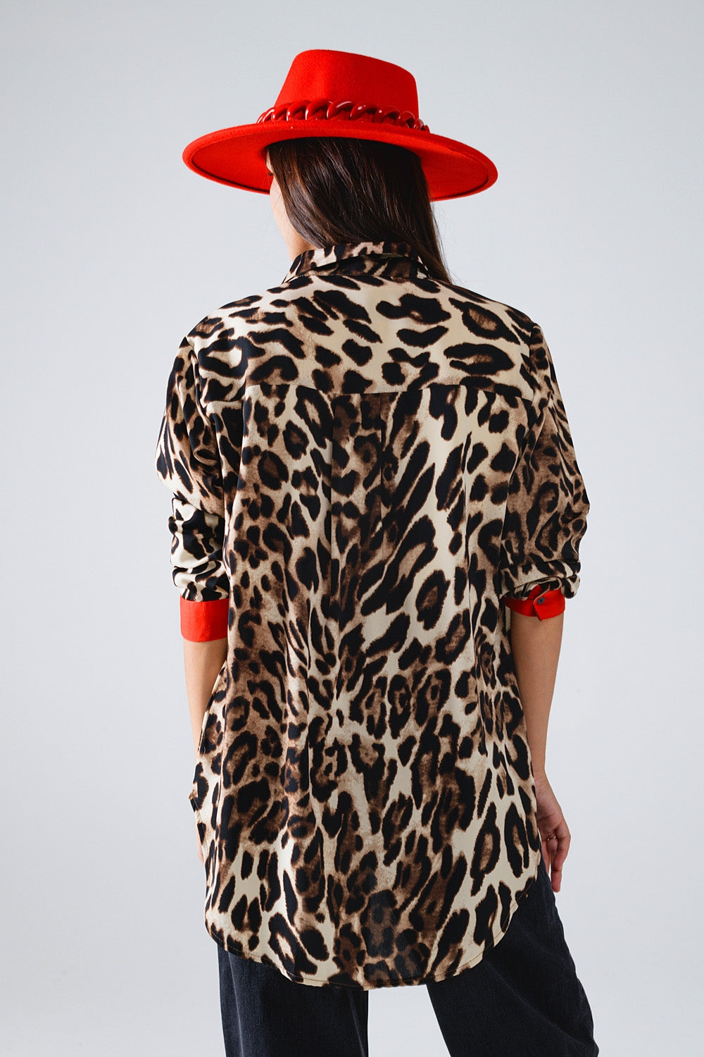 Leopard Print Shirt with Red Button Placket and Red Sleeves - Stylish Casual Wear for Women, Perfect for Office, Party & Date Nights