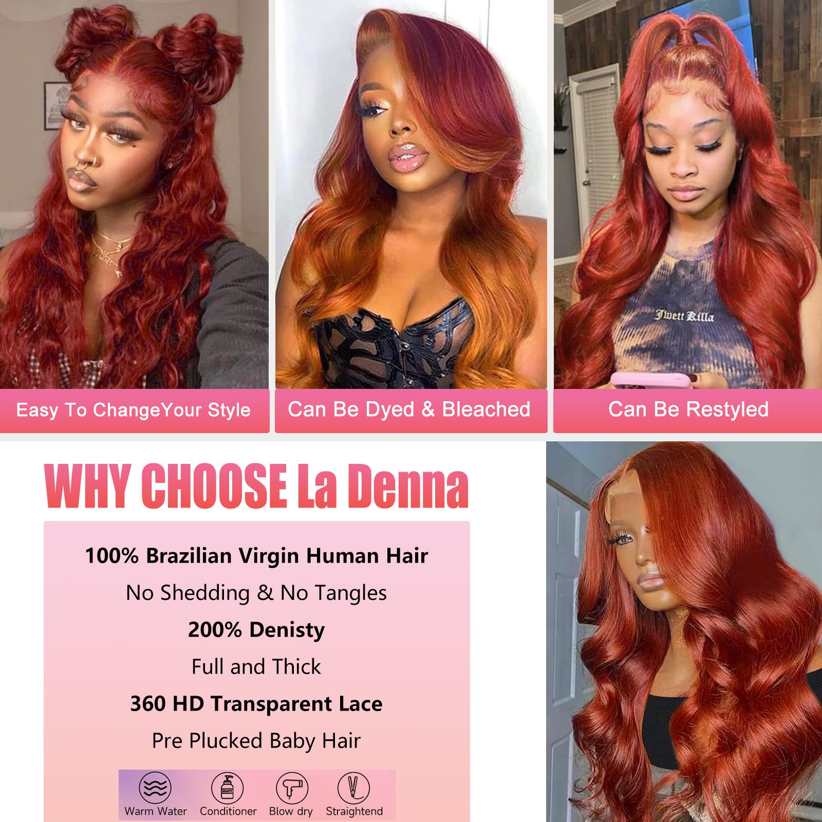 360 Lace Front Wig Human Hair 26 Inch - Reddish Brown Body Wave 180% Density HD Lace Frontal Wig (Ginger Auburn/Orange Red) | Glueless Design for Daily Wear, Cosplay & Special Occasions