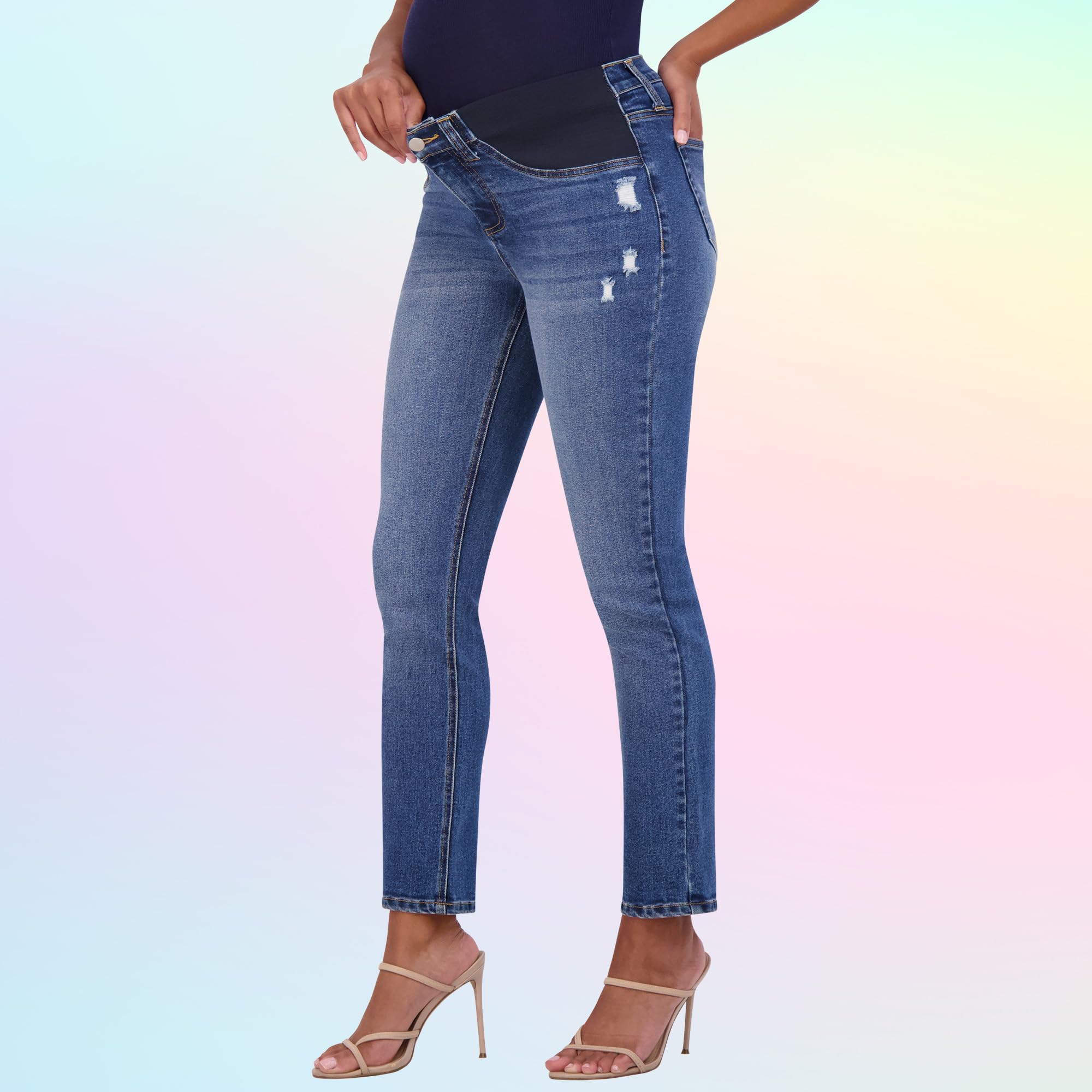 Savi Parker Women's Maternity Jeans Under The Belly - Comfortable Stretch Straight Leg Distressed Denim Pants - 29