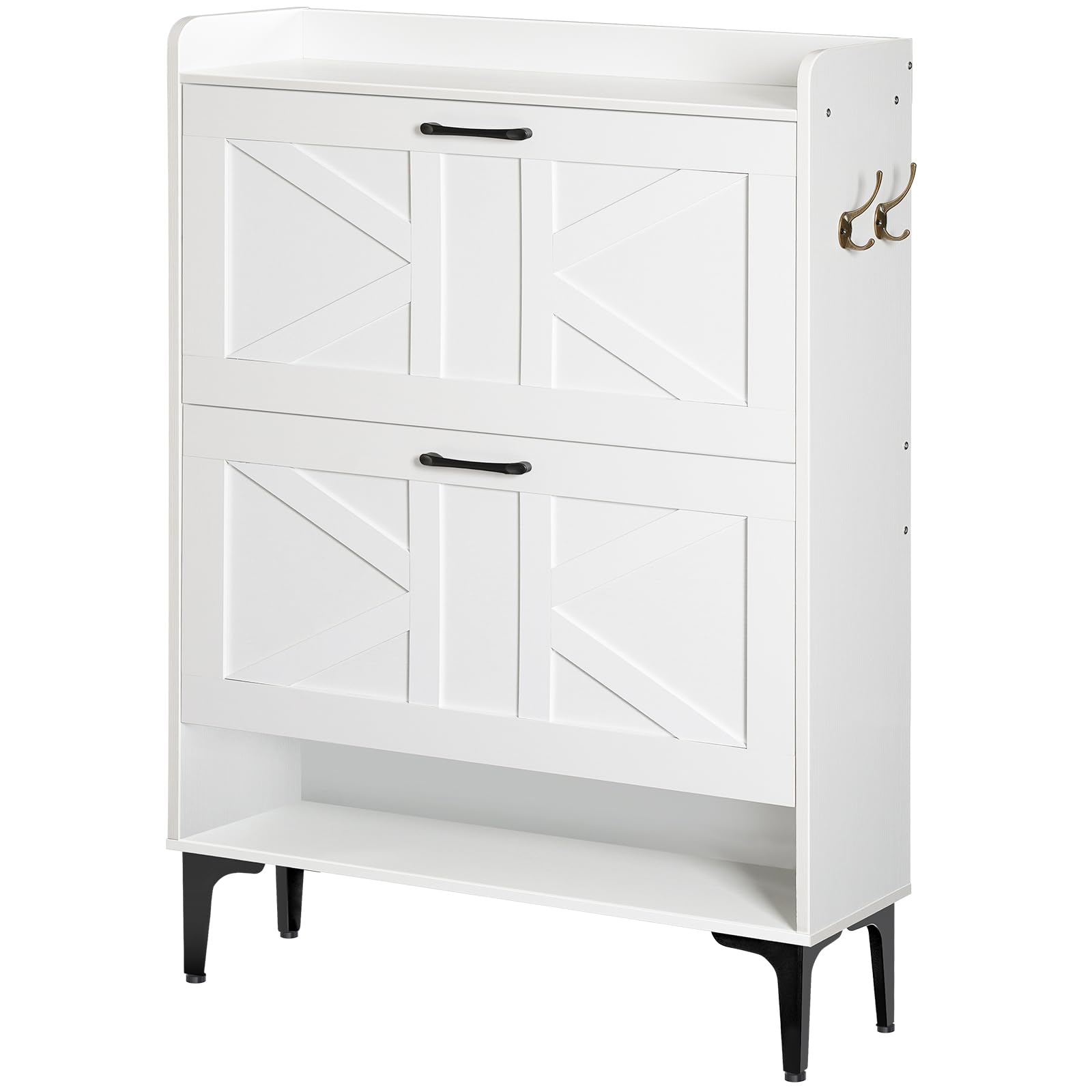 White Shoe Storage Cabinet with 2 Flip Drawers - Hidden & Open Entryway Organizer for Shoes, Boots & Accessories | Freestanding Closet Storage Solution for Hallway, Mudroom or Bedroom (Model SHWT9401)