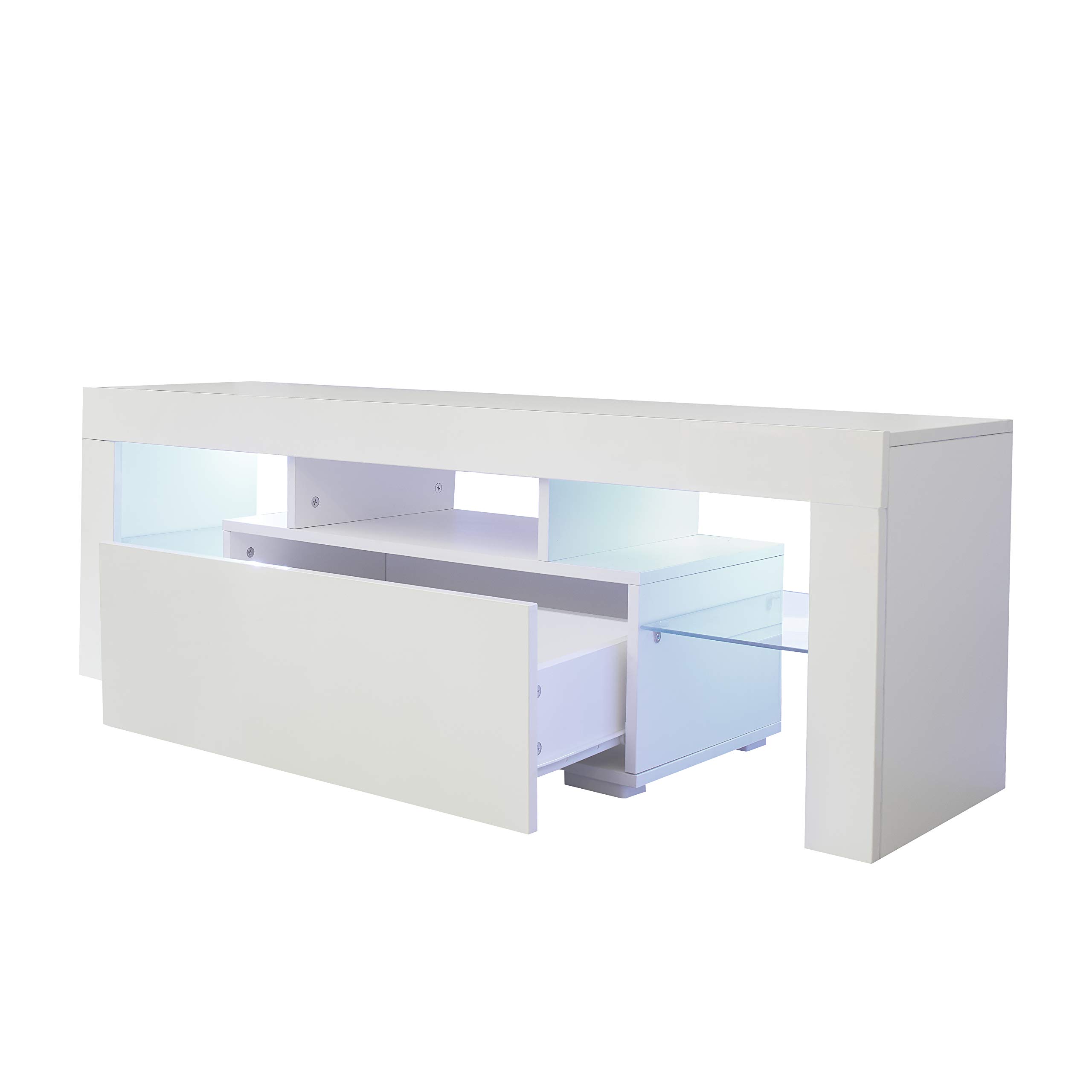 HABITRIO Modern TV Stand for 55 Inch TVs with LED Lights & Drawer - White TV Cabinet Entertainment Center for Living Room, Bedroom, Lounge - Easy Assembly Living Room Furniture Set
