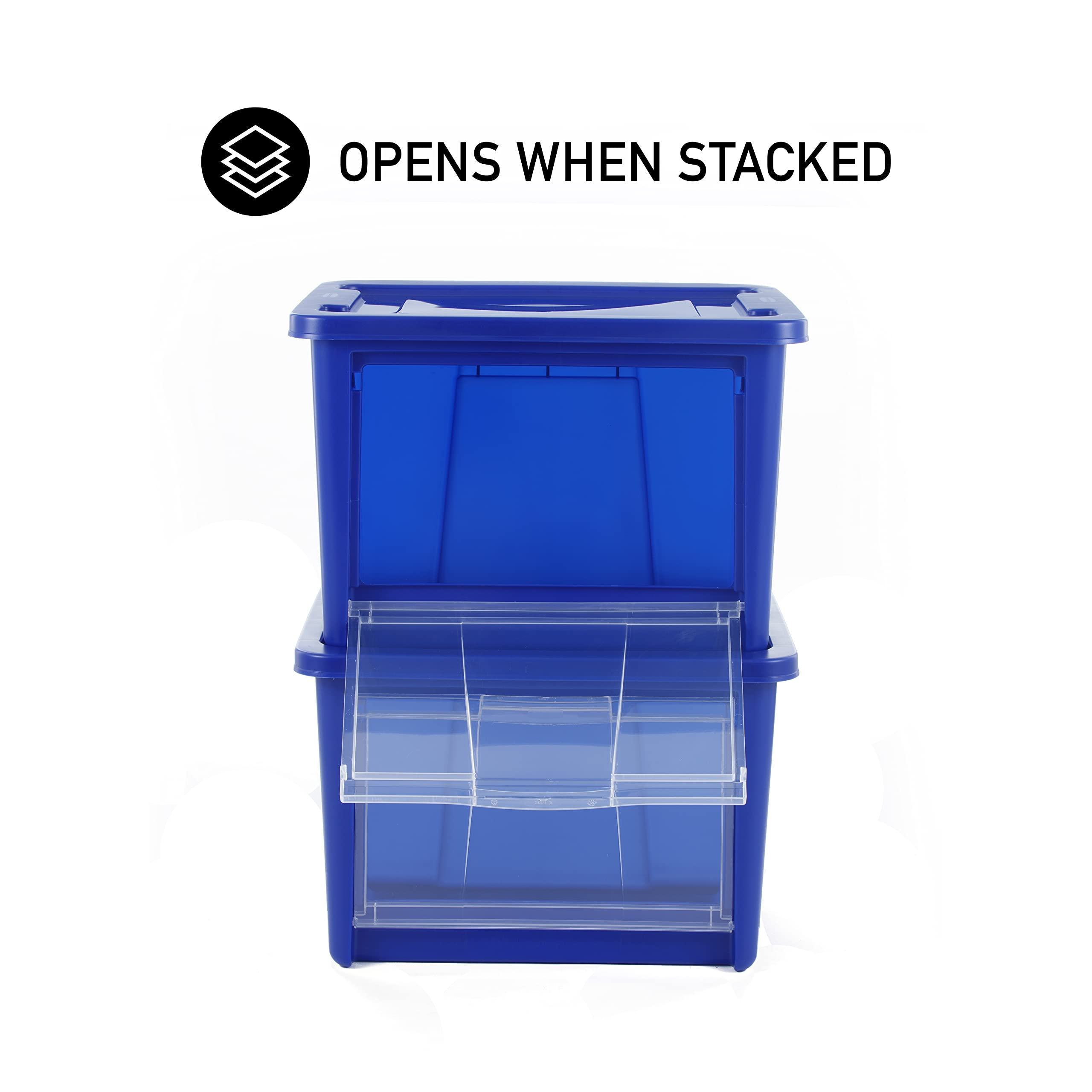 Rubbermaid 4-Pack Small All-Access Storage Totes with Lids - Stackable Clear Drop-Door Bins with Handles for Closet, Pantry & Home Organization - Blazer Blue Plastic Containers for Toys, Clothes & Household Items
