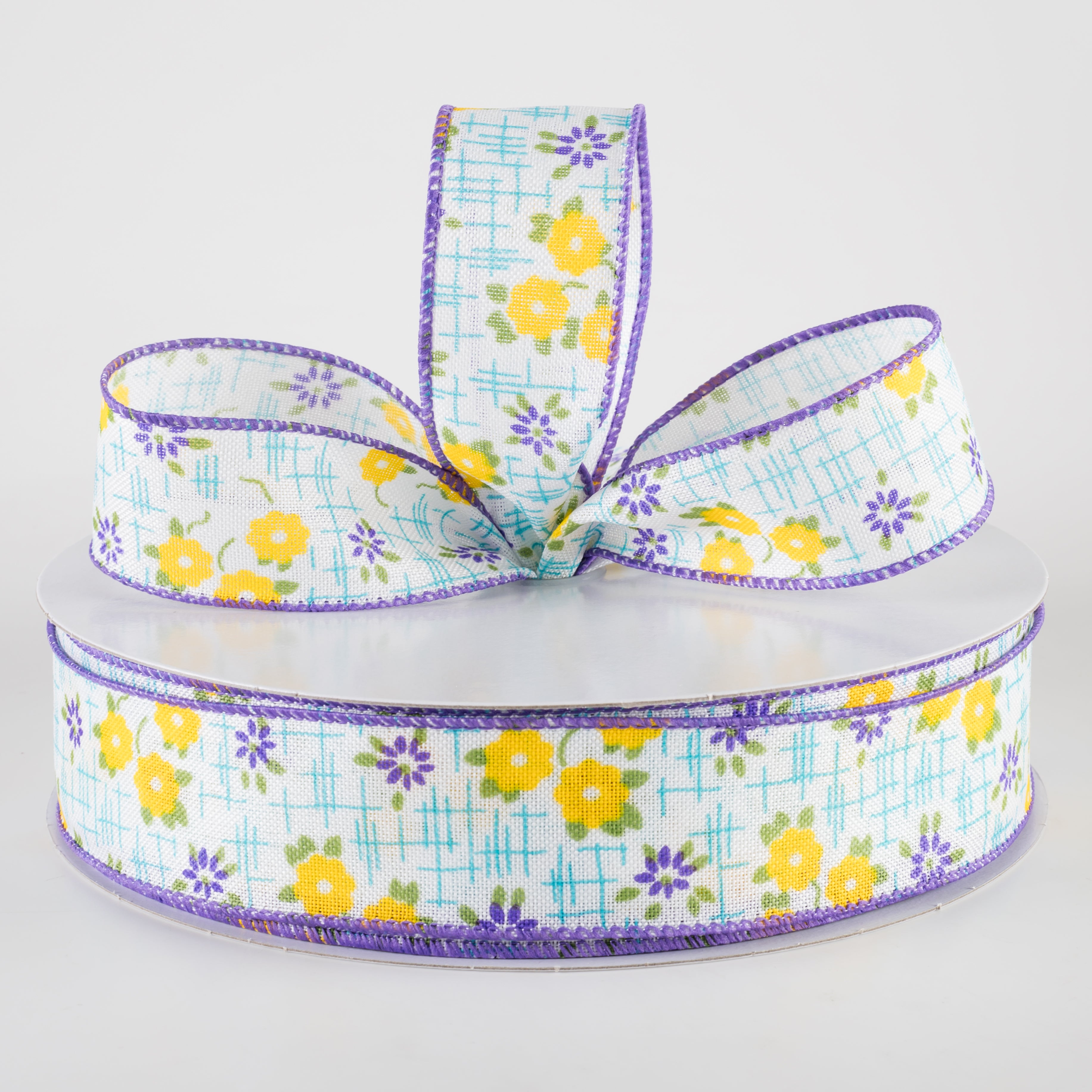 1.5 Inch Linen Textured Floral Ribbon - Purple, Yellow, Aqua Blue (50 Yards) for Gift Wrapping, DIY Crafts, Wedding Decorations and Scrapbooking