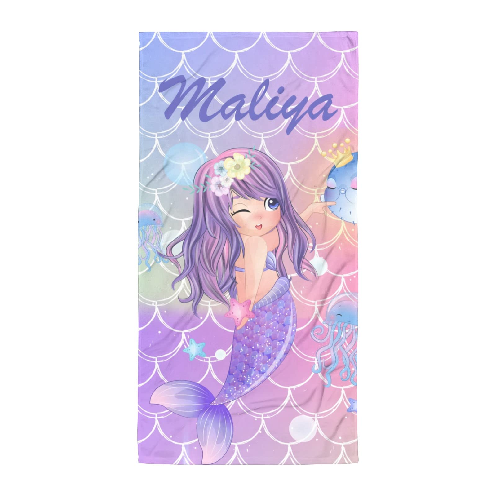 Custom Personalized Beach Towels with Name for Kids, Girls, Women & Adults - Soft Bath, Pool & Swimming Towel (Baby Mermaid Design) - Perfect for Summer Vacations, Beach Trips & Pool Parties